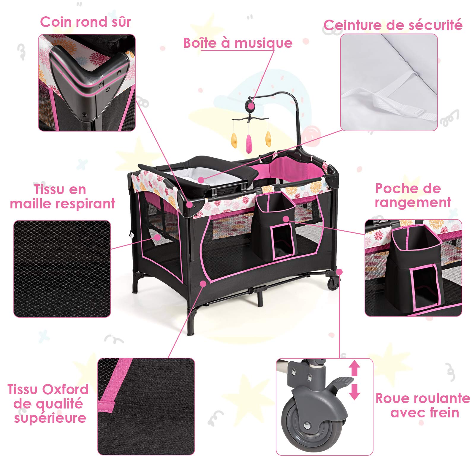 COSTWAY 4 en 1 Lit Parapluie Bébé avec Matelas, Berceau Bébé Evolutif en Oxford avec Table à Langer Amovible, 3 Hauteur Réglable, Jouets Suspendus, Charge 15kg, Lit Cododo pour 0-36 Mois(Rose