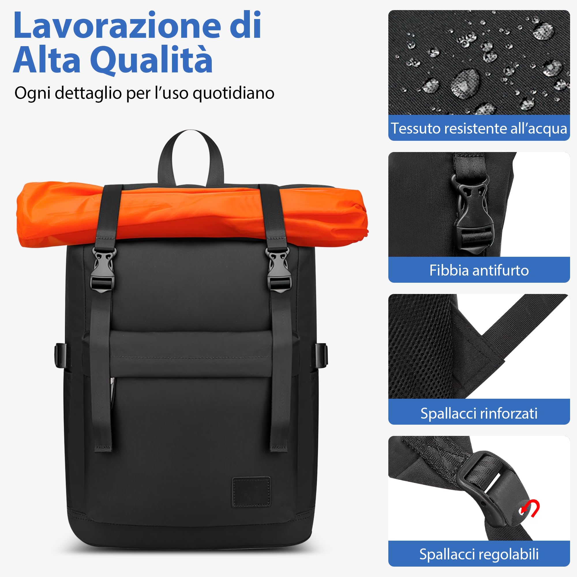 Zaino Elegante Grande per Uomo - 15.6 Pollici Computer Portatile con Cinghia Posteriore - Impermeabile per Ufficio, Viaggio, Campeggio, Lavoro, Escursionismo, Quotidiano - Nero