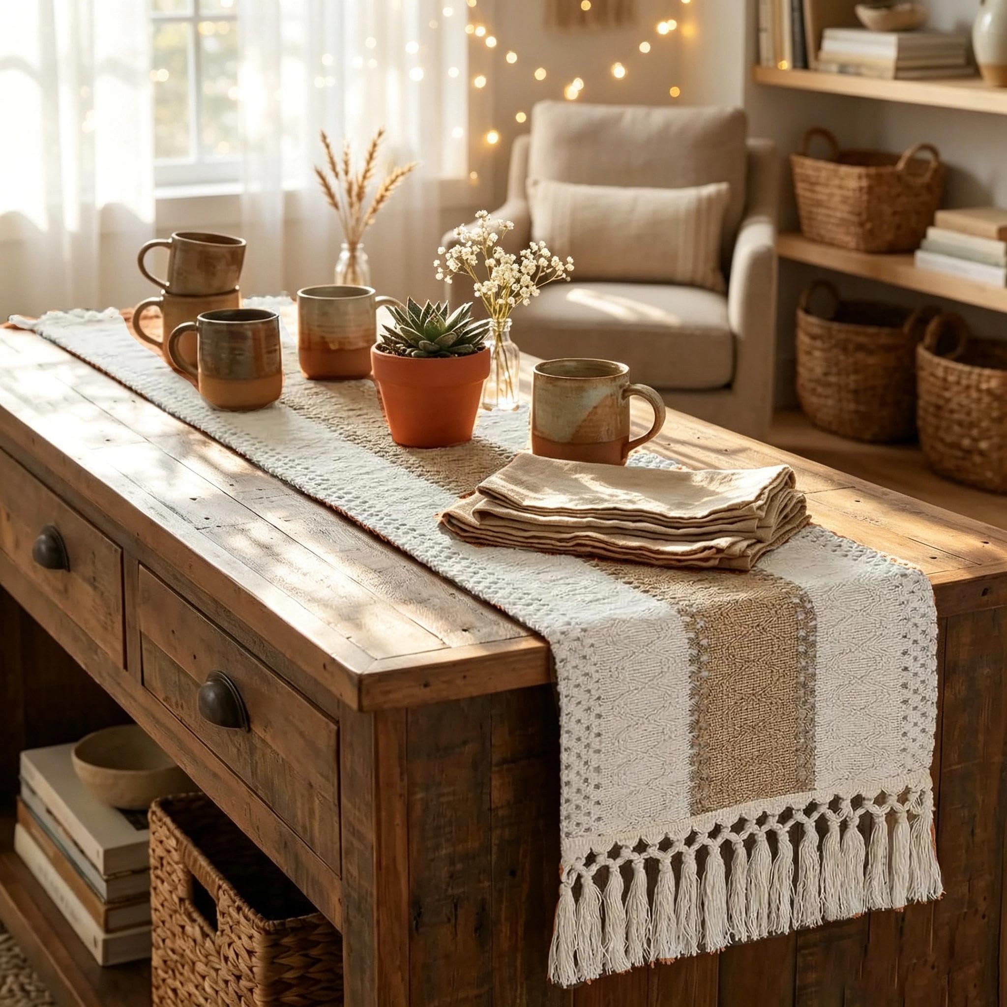 yuboo Boho Coffee Table Runner 48 Inch, Farmhouse Burlap Dresser