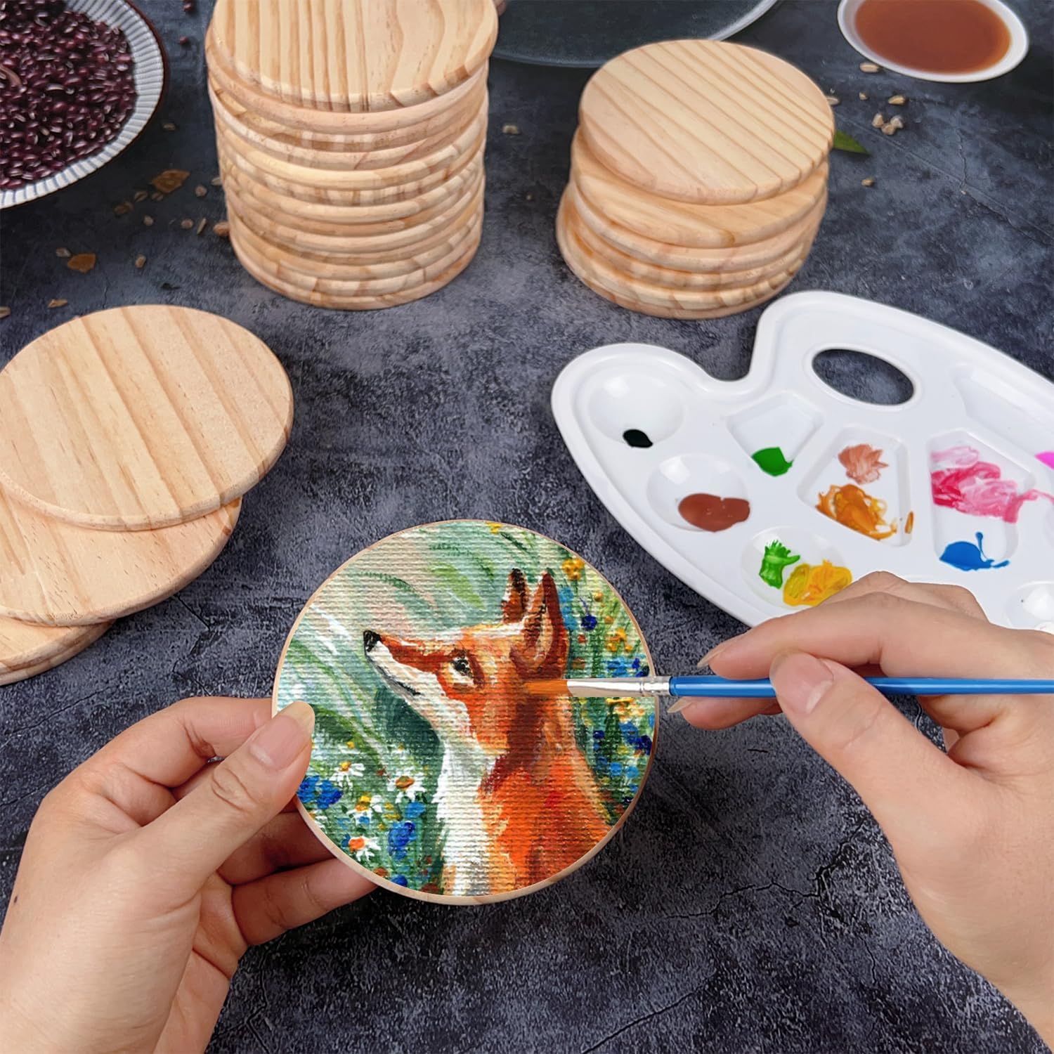 48 Pcs Unfinished Wood Coasters for Crafts - 4 Inch Round Blank Wooden Coasters with Non Slip Stickers for DIY Stained Painting Wood Engraving Home Decoration