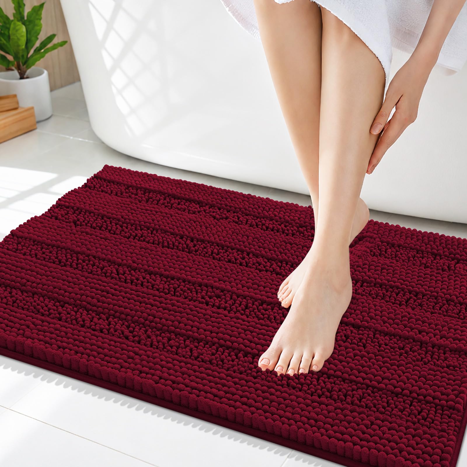 Smiry Thick Chenille Bathroom Rugs 36x24, Soft Absorbent Bath Mat, Burgundy