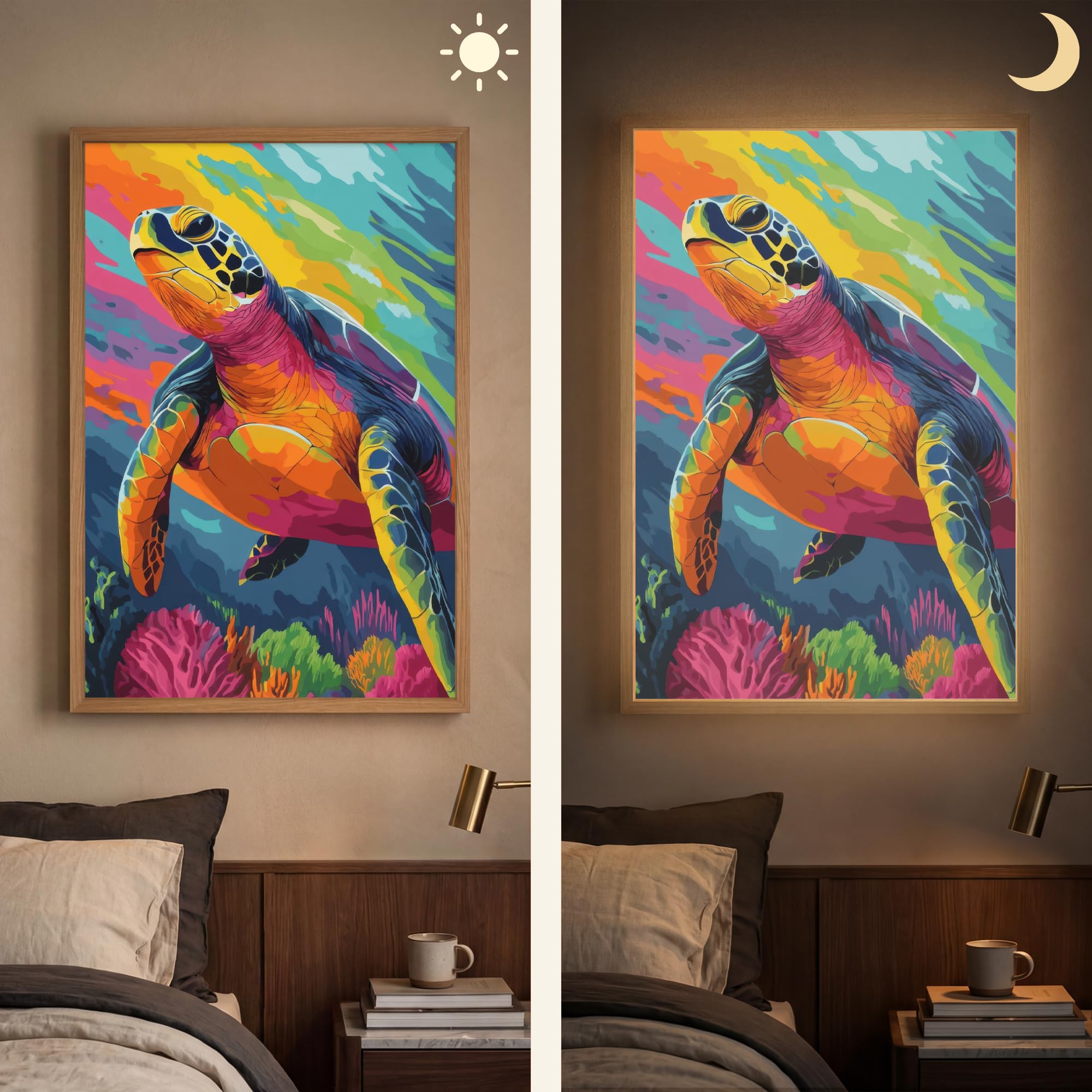 Moderne LED Wandleuchte Innen 60x90 cm Aufladbar Wandbeleuchtung Schlafzimmer Nachtlampe Flach Fernbedienung Warmes Still Licht Dimmbare Lampe Koralle - Schildkröte - Abstrakt - Wasser