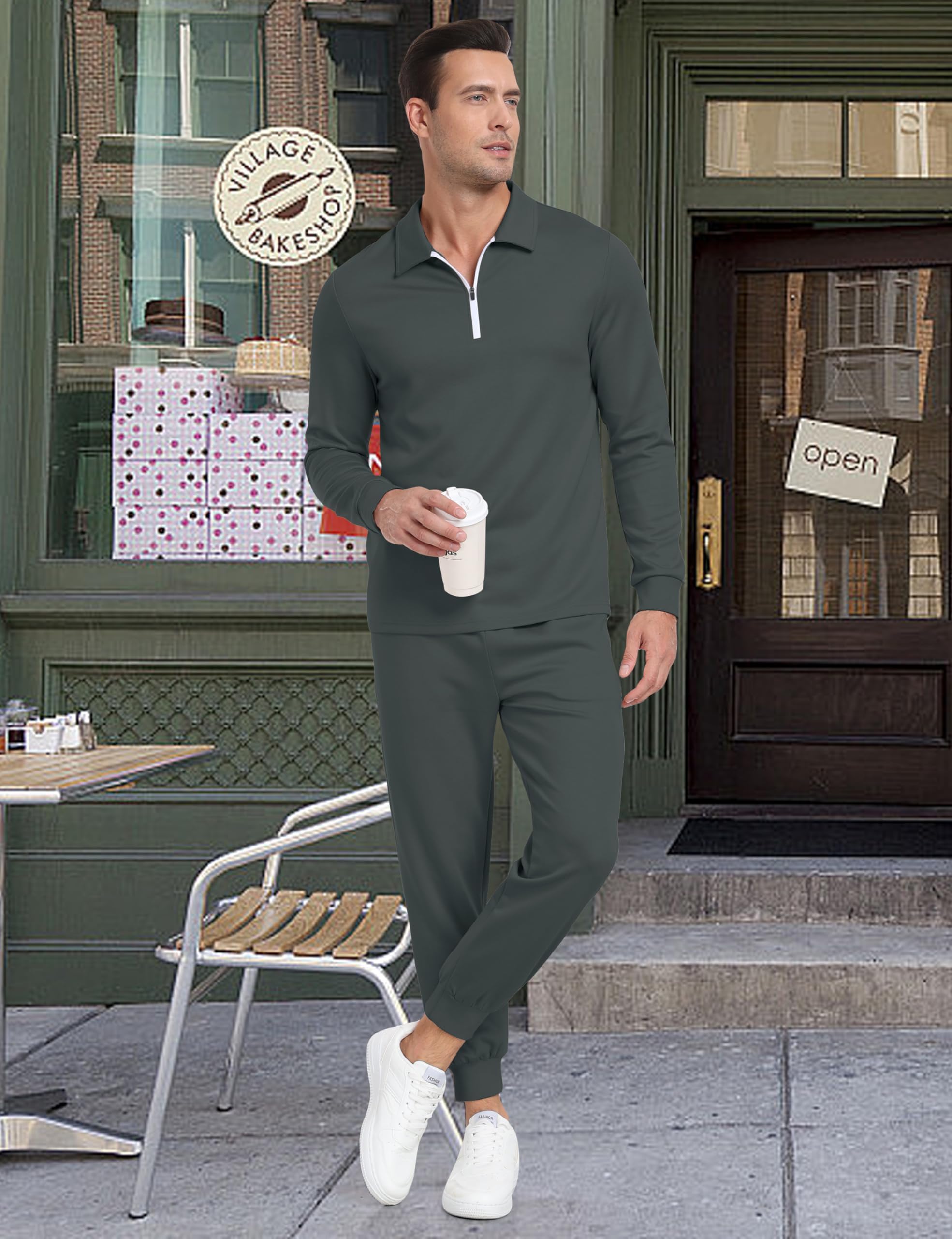 MoFiz Chándal de 2 piezas para hombre, con cremallera de 1/4, manga larga, pantalones de correr, ropa casual para hombre