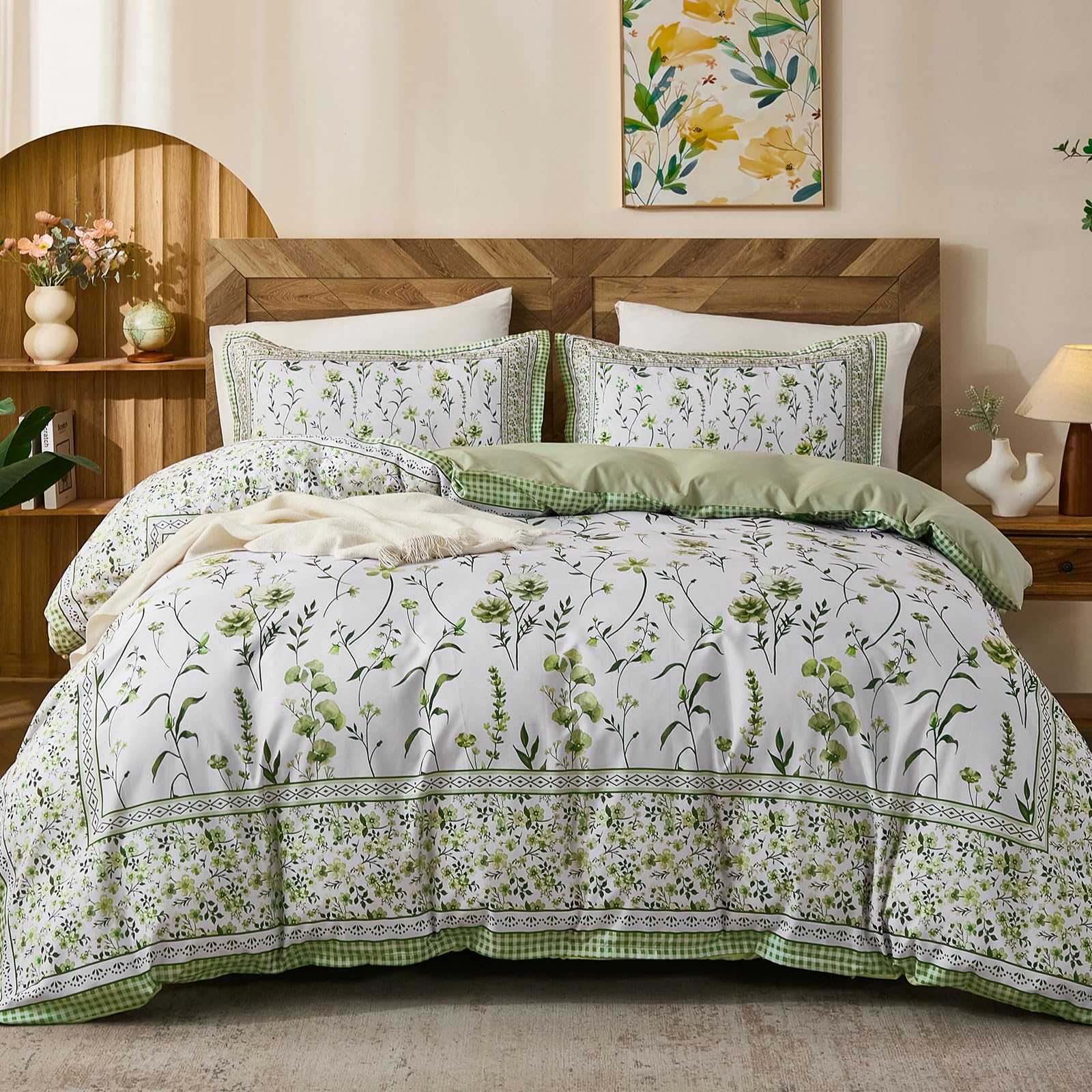 Fondream Floral King Size Duvet Cover Sets with 2 Pillowcases, Green