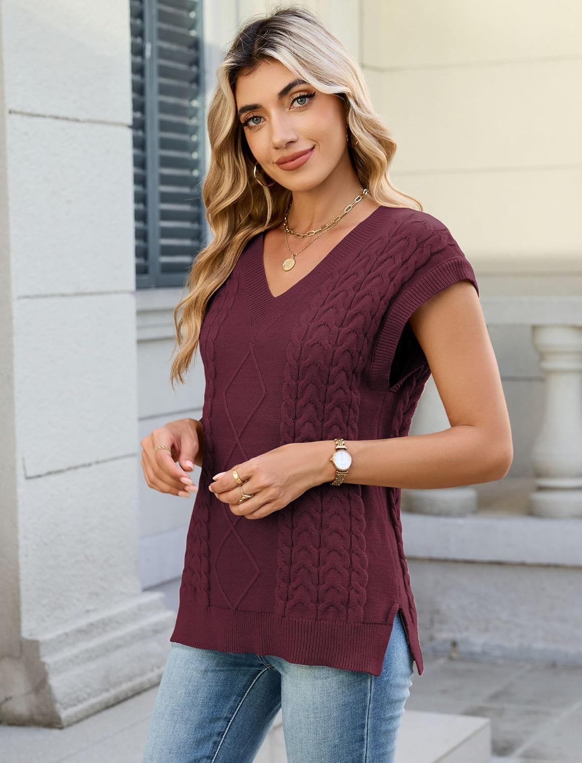 ZAFUL Womens V Neck Sweater Vest Cap Sleeve Oversized Ribbed Cable Knit Casual Loose Tank Top Pullover - Image 3