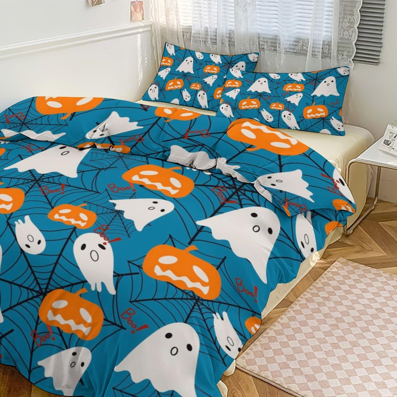 Halloween Pumpkin Ghost Skull Spider Web Duvet Cover for Girls Boys Twin Queen Cute Bat Spooky Bedding Set Super Soft Witch Hat Spider Webs Duvet Cover Set Trick Or TreatComforter Cover Set 3 Pieces