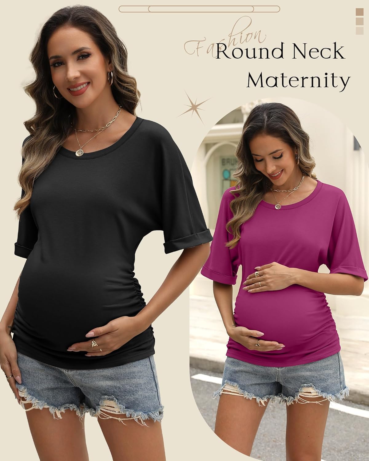 Ficerd 3 Pack Maternity Shirts Cotton Half Sleeve Side Ruched Tops Crew Neck Tunic Tees Summer Casual Pregnancy Clothes - Image 5