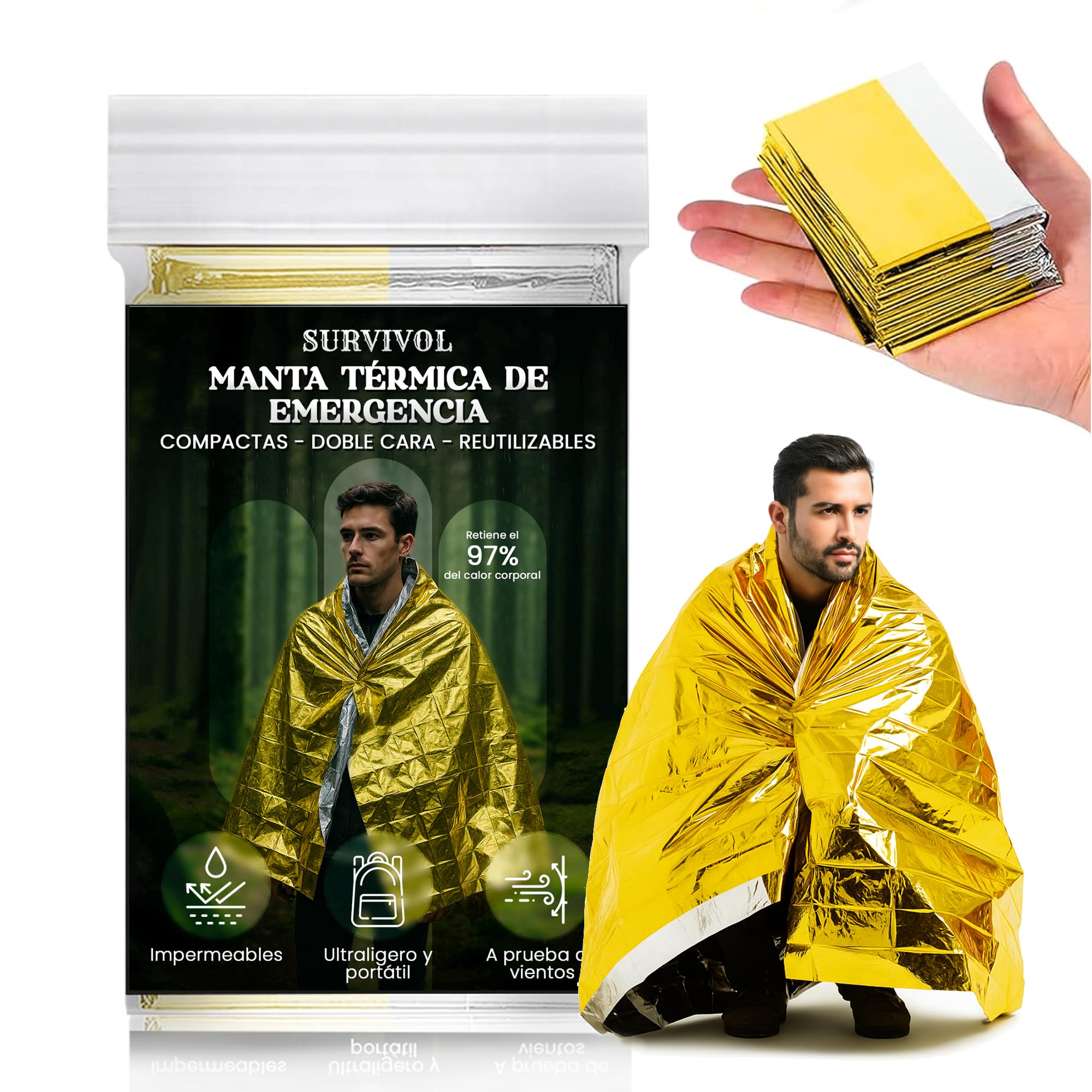 Pack 10 Mantas Termicas Supervivencia - Mantas Calor Termico de Emergencia de Aluminio - Emergency Blanket para Kit Preparacionismo Mantener Calor, Anti Viento y Lluvia.