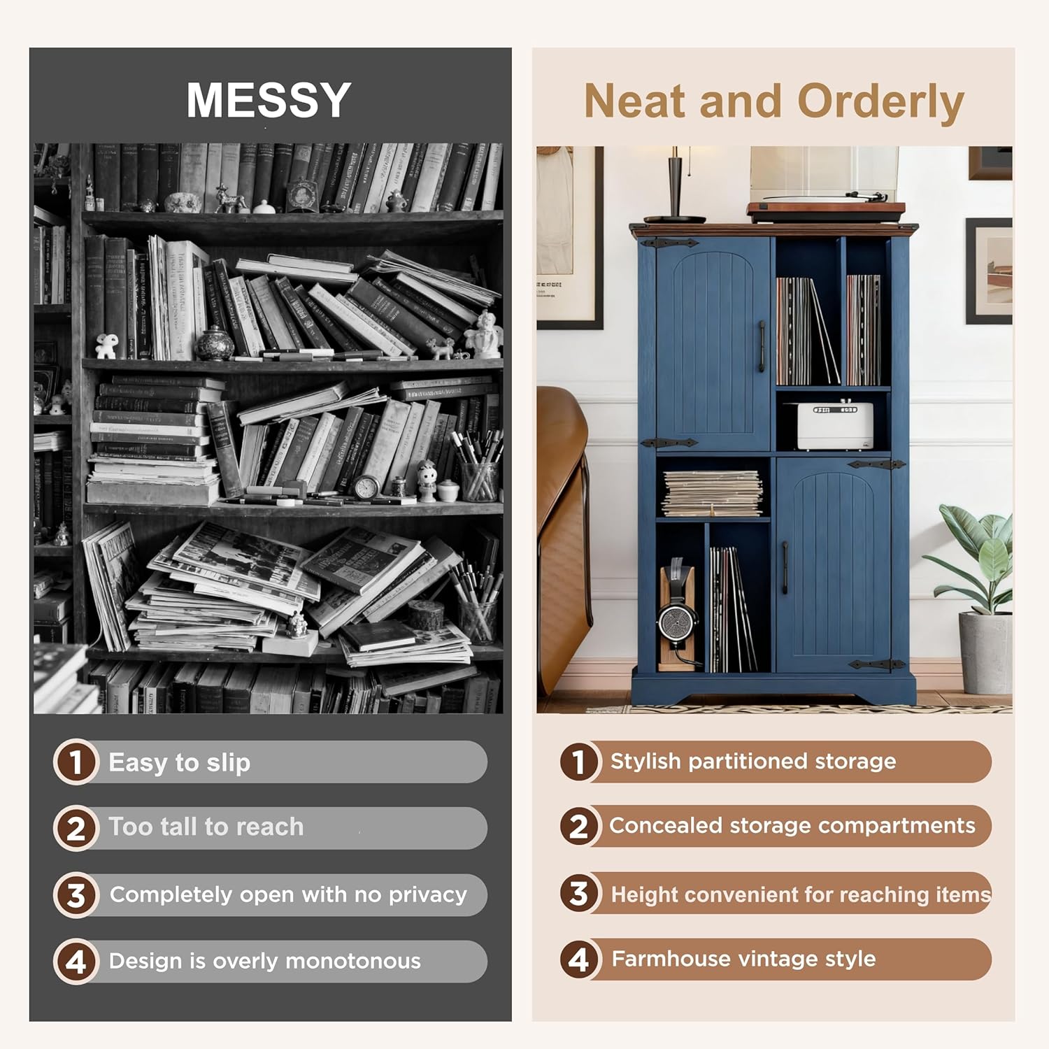 Maupvit Large Record Player Stand, 47" Farmhouse Navy Blue Vinyl Record Storage Cabinet with Barn Doors, Mid-Century Freestanding Rustic Wood Turntable Stand