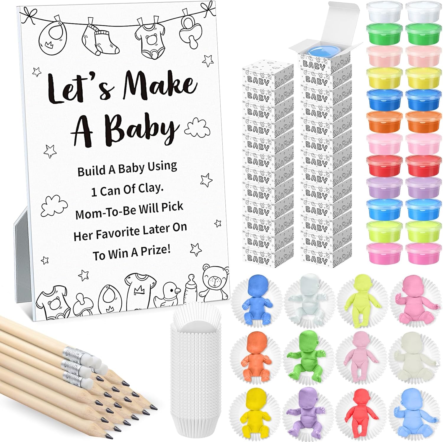 Blosssound 103 Pcs Eucalyptus Funny Baby Shower Games Decorations Let's Make a Baby Clay Game Sign Set 24 Clay 24 Pencils Shower Gender Reveal Game Activities Adults Boys Girls