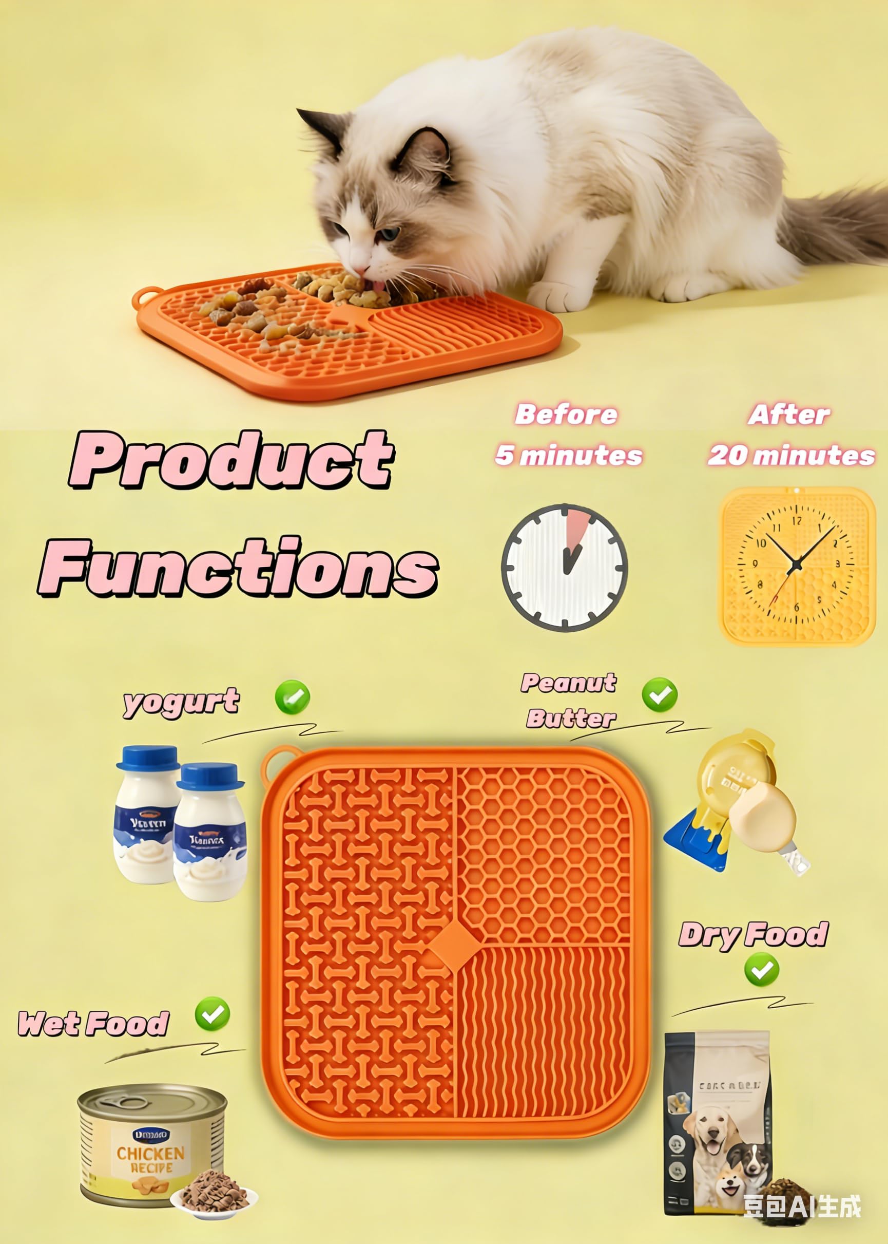 Slow Feeder Licky Mats per gatti e cani, morbido silicone, forte ventosa, partizioni multifunzionali per alleviare l'ansia (arancione)