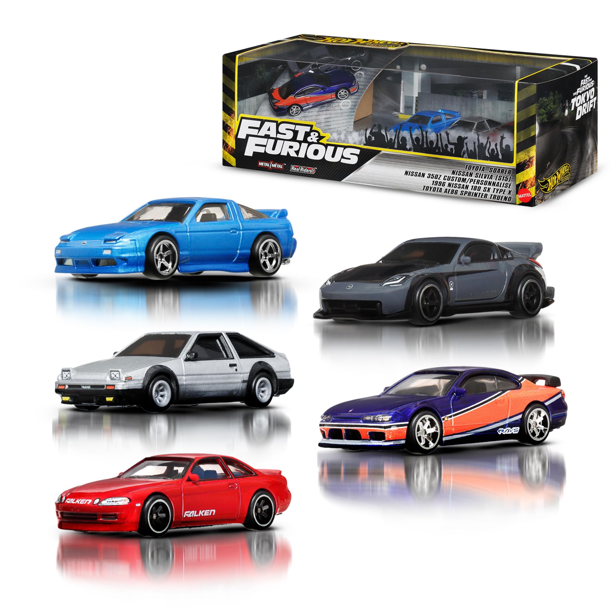 Hot Wheels Coffret Premium Fast & Furious : Tokyo Drift avec 5 véhicules en métal moulé à l'échelle 1/​64 inspirés du Film dans Un Emballage à Collectionner, JFL99