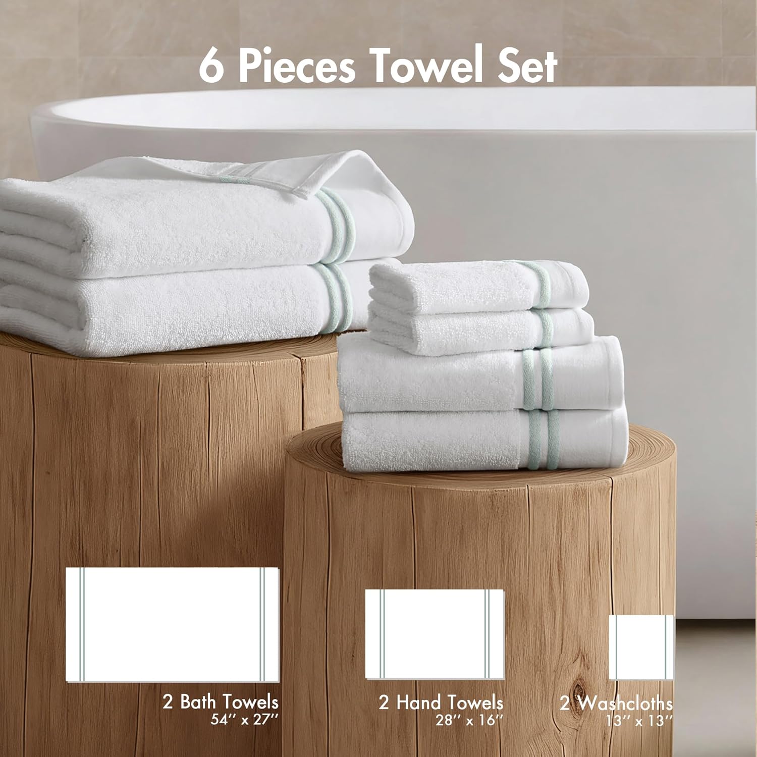 Madison Park 6 Piece Bath Towel Set 600 GSM, 100% Cotton Terry, Highly Absorbent Quick Dry Bathroom Towels with Hotel Style Border, Soft Plush Bath Hand Washcloth Set, Seafoam