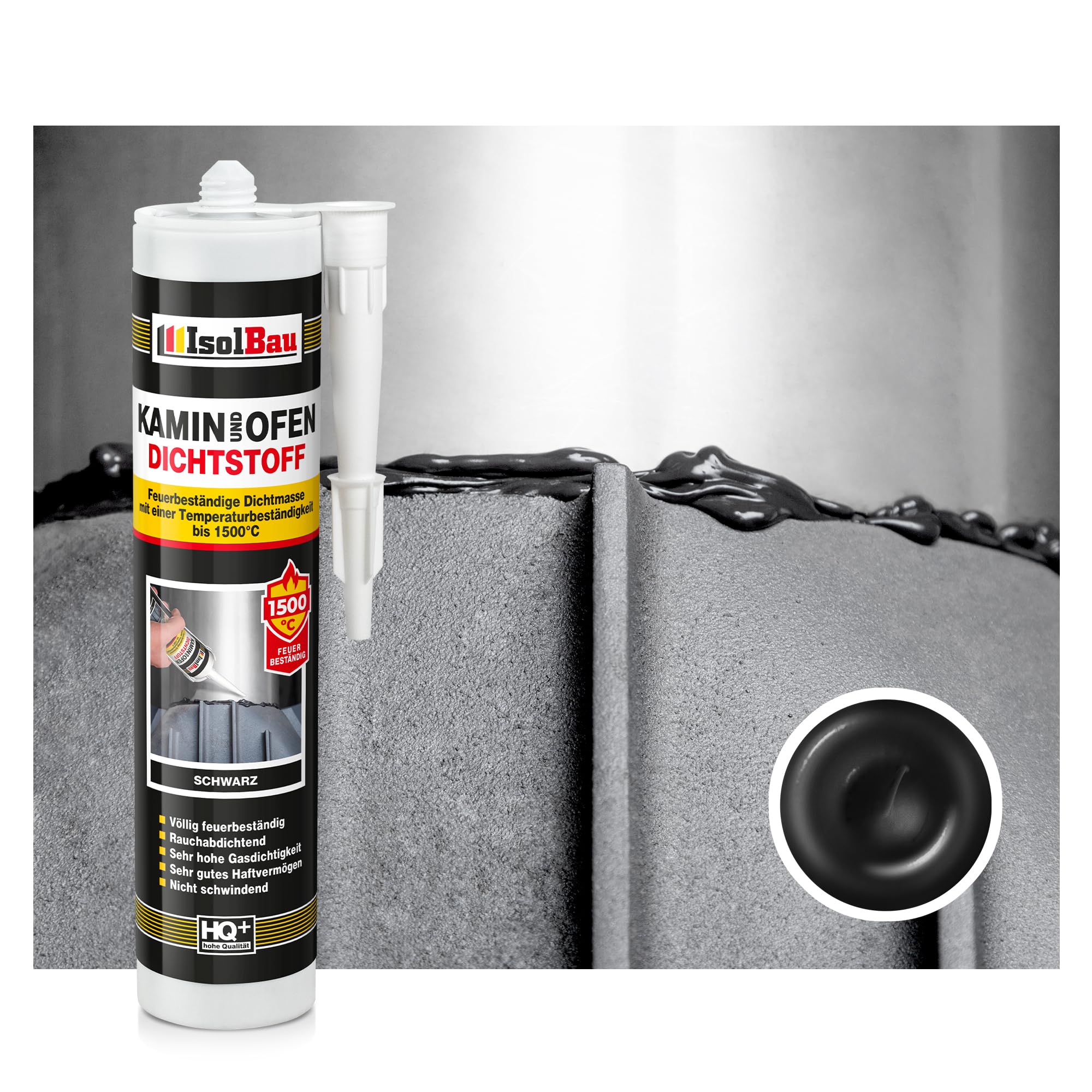 Isolbau Kamin & Ofen Dichtstoff - Feuerbeständige Dichtmasse bis 1500 °C - Für Reparatur & Füllung von Rissen in Kaminen & Öfen - Schwarz, 36 x 300 ml Tube