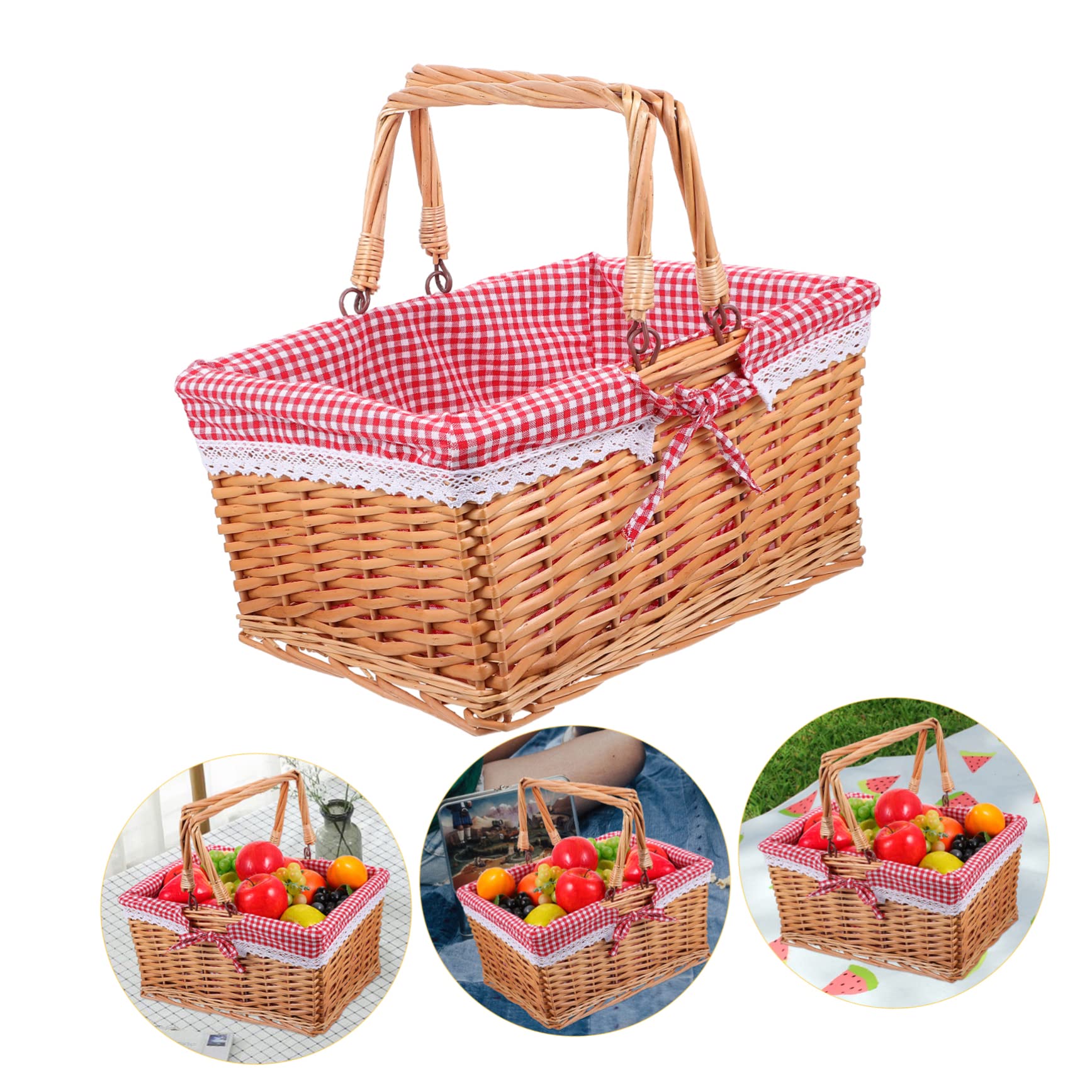 PRETYZOOM Cestino Intrecciato Mano di Vimini Cestino di Salice per Contenitore Portaoggetti con Fodera in Stile Country per Picnic Campeggio e Raccolta Frutta Verdura