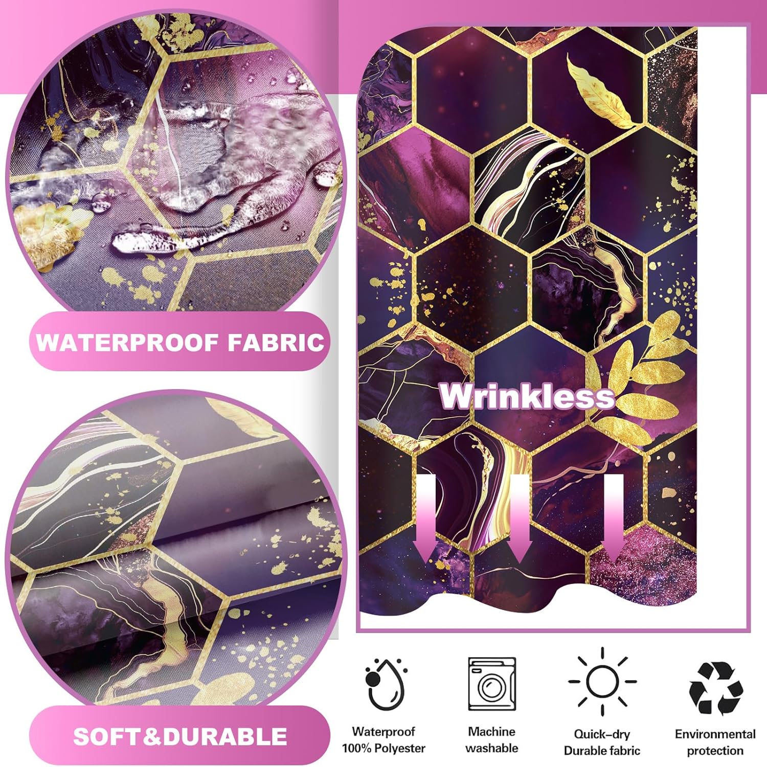 No Hook Shower Curtain with Snap in Liner Set, Modern Geometric Purple Marble Honeycomb Design, Waterproof Fabric Hotel Shower Curtains for Bathroom with See Through Mesh Top Window 71x84 Inch