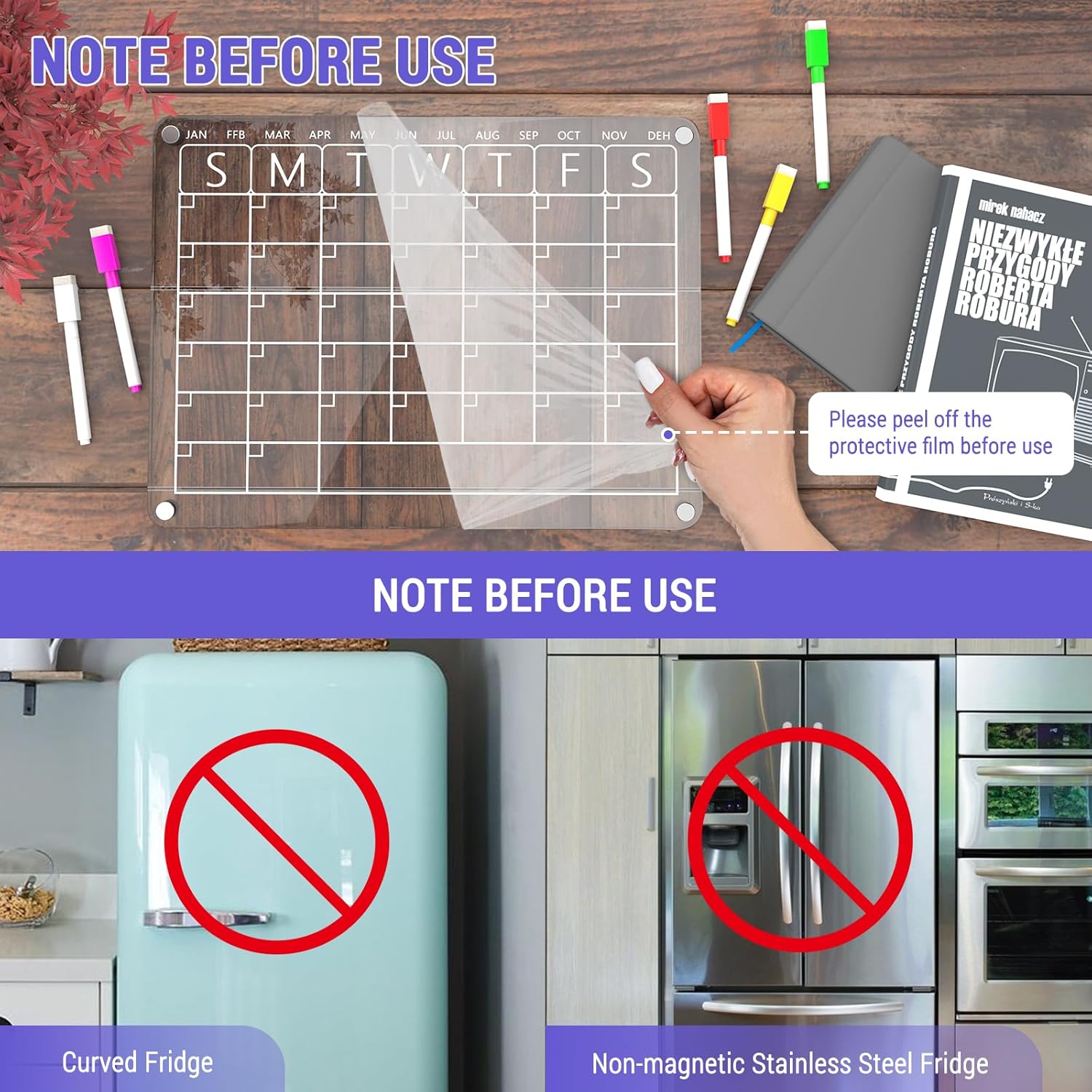 3 Pack Magnetic Acrylic Dry Erase Boards for Fridge – Monthly Calendar, Weekly Planner, to-Do List, Clear Reusable Whiteboard Set with 6 Color Markers for Refrigerator Organization