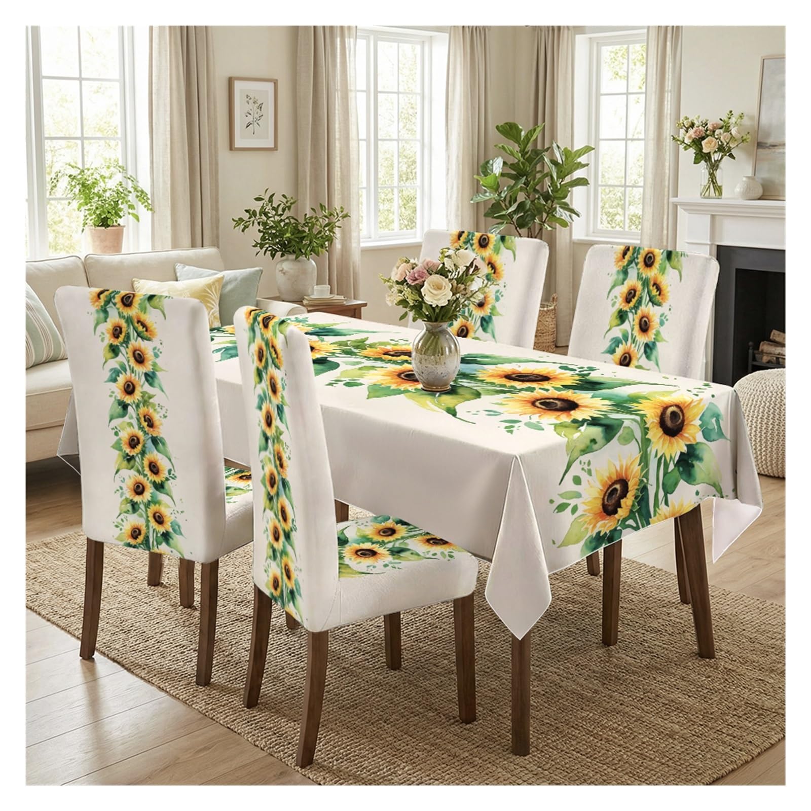 BOSUYBN Watercolor Sunflower Floral Dining Tablecloth & Chair Covers Set, 5/7 Piece Bright Rustic Farmhouse Boho Kitchen Dining Decor Table Setting(5pcs Set: Tablecloth+Chair Covers)