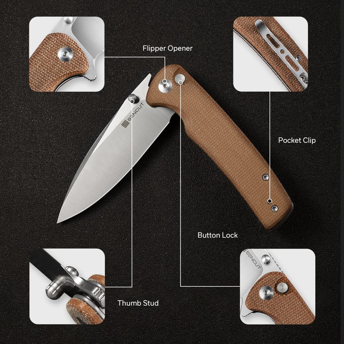 SENCUT Sachse Pocket Knife Folding Knife for EDC, Brown Micarta Handle Satin 9Cr18MoV Blade Foldable Small Knife with Clip, Button Lock Everyday Carry Knife for Men Women Indoor Outdoor Gift S21007-3
