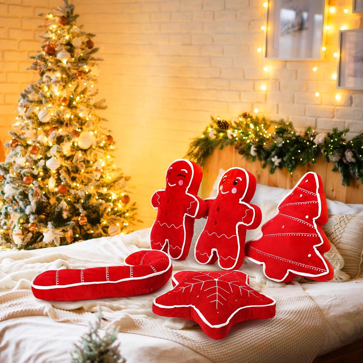 5 Pcs Christmas Throw Pillows Gingerbread Christmas Tree Snowflake Peppermint Shaped Pillows Stuffed Christmas Decoration for Home Xmas Winter Holiday Bed Sofa Couch Party(Red)