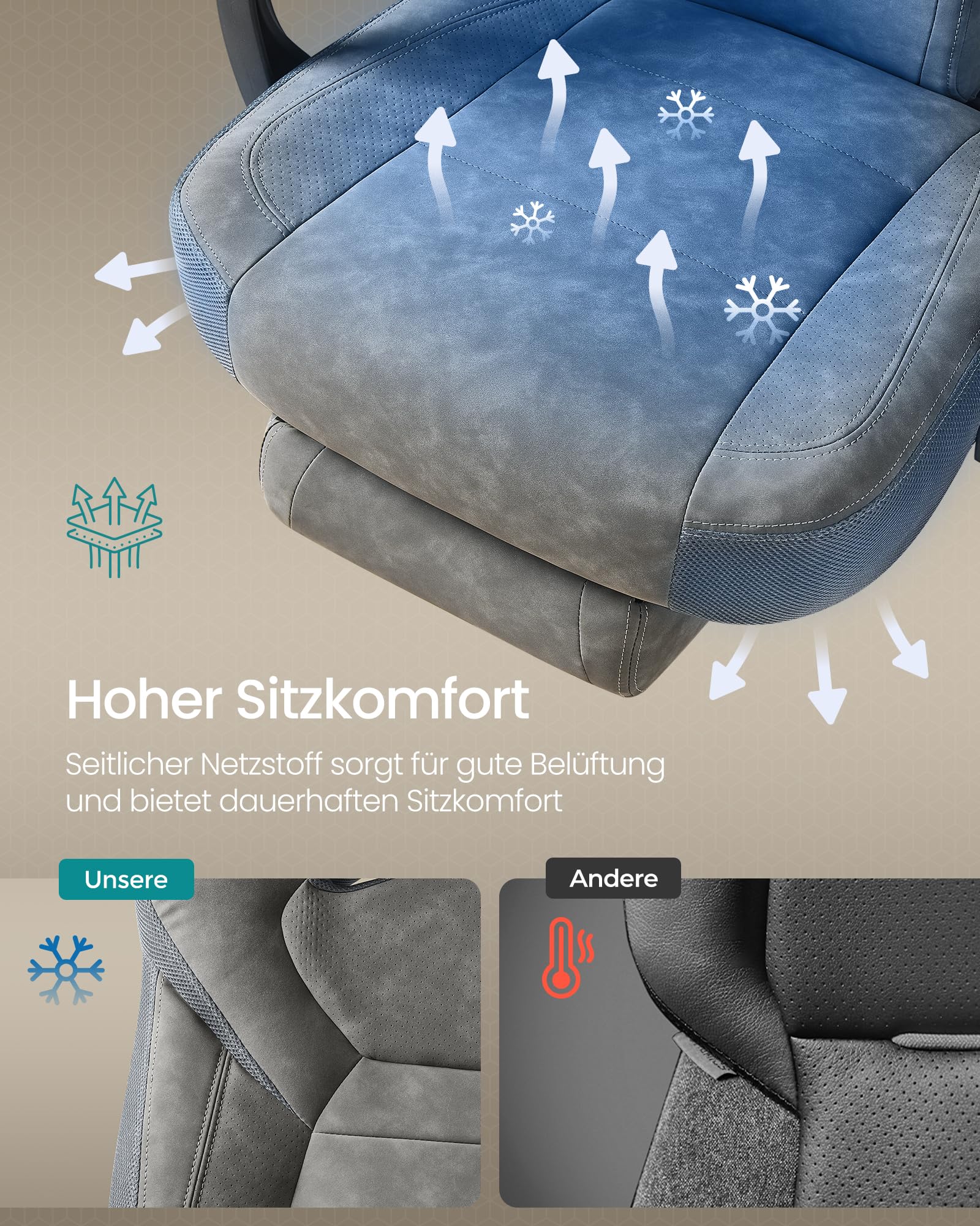SONGMICS Gaming-Stuhl Bürostuhl ergonomisch Fußstütze Kopfkissen Lendenkissen 150 kg schiefergrau