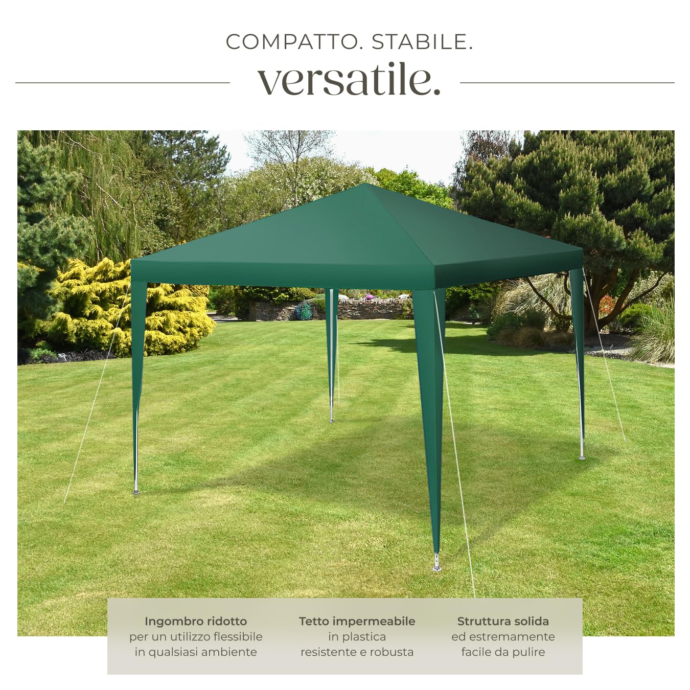 tectake® gazebo 3x3 m, impermeabile, pieghevole, struttura in acciaio, copertura con protezione UV, tendone da esterno, per fiere, spiaggia, gazebo esterno resistente, con corde e picchetti - Verde