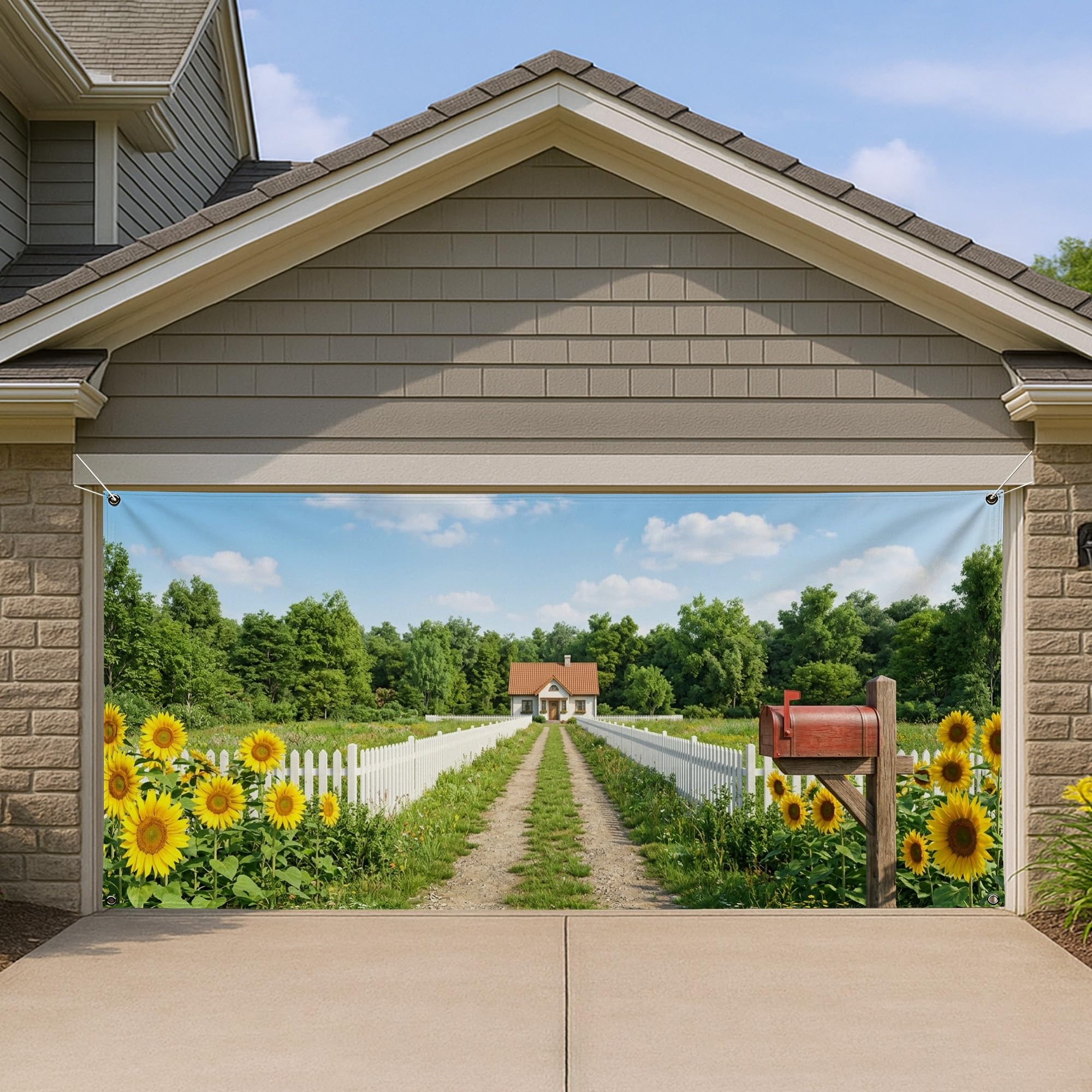 Décoration été extérieure : bâche pour porte de garage tournesol et arrière-plan fête de jardin
