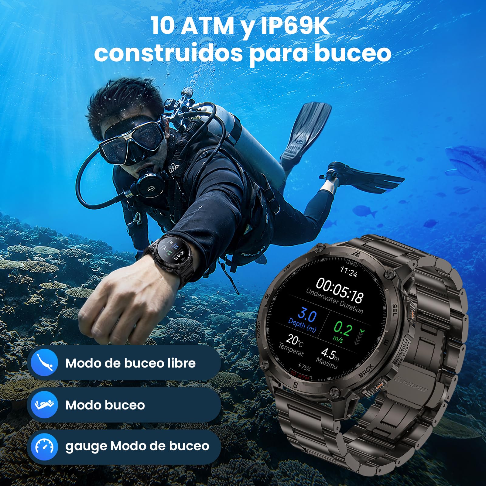 KOSPET Tank T4 Special Edition Smartwatch, Reloj Robusto AMOLED 1,43” con GPS y mapas Offline, 10ATM para Buceo Libre, batería 50 días, Llamadas Bluetooth (2 Correas)-Negro