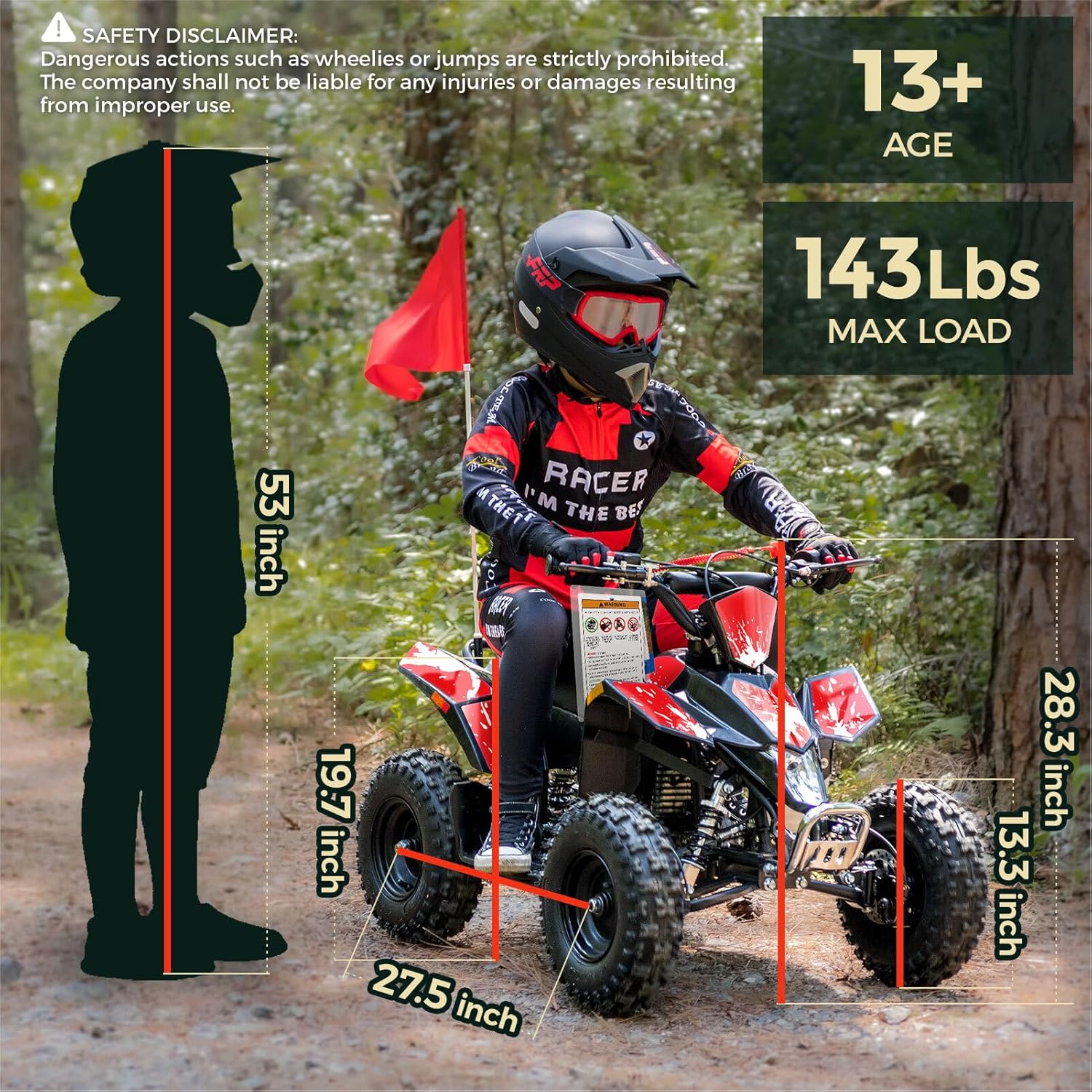 FRP Sahara 40 Kids Mini ATV, 40 CC 4-Stroke 4 Wheeler with Gloves, Goggle and Neck Gaiter, Speed Control Kill Switch Weight Support Up to 143 LBS (RED-M)