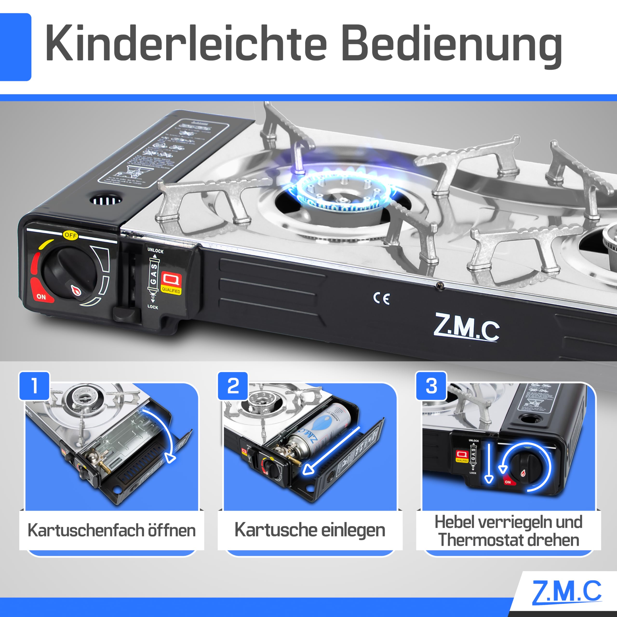 Z.M.C Réchaud à gaz 2 flammes 2 x 2,5 kW - Adaptateur GPL + mallette de rangement - Réchaud de camping avec allumage piézo - En option avec plaque de cuisson et cartouches de gaz de 227 g - Pour