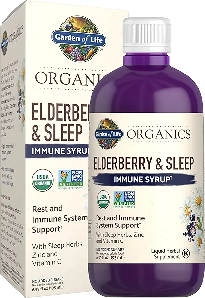 Garden of Life Organics Elderberry & Sleep Immune Syrup - Immune Support for Adults and Kids 12 and Older with Zinc and Vitamin C, Organic Liquid with Sleep Herbs, No Added Sugars, 6.59 fl o