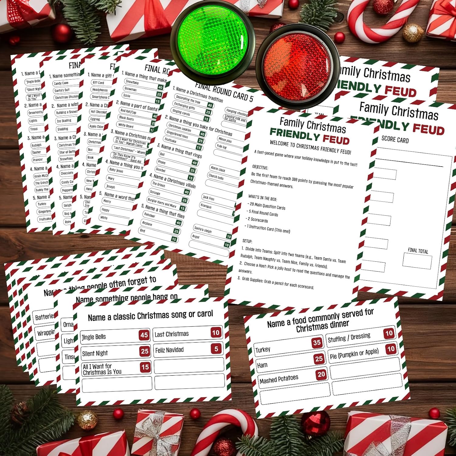 Christmas Friendly Feud Game with 2 Answer Buzzers, Fun Holiday Cards for Family Game Night Trivia Quiz for Xmas Party Class Office Groups Team Building Holiday Gathering
