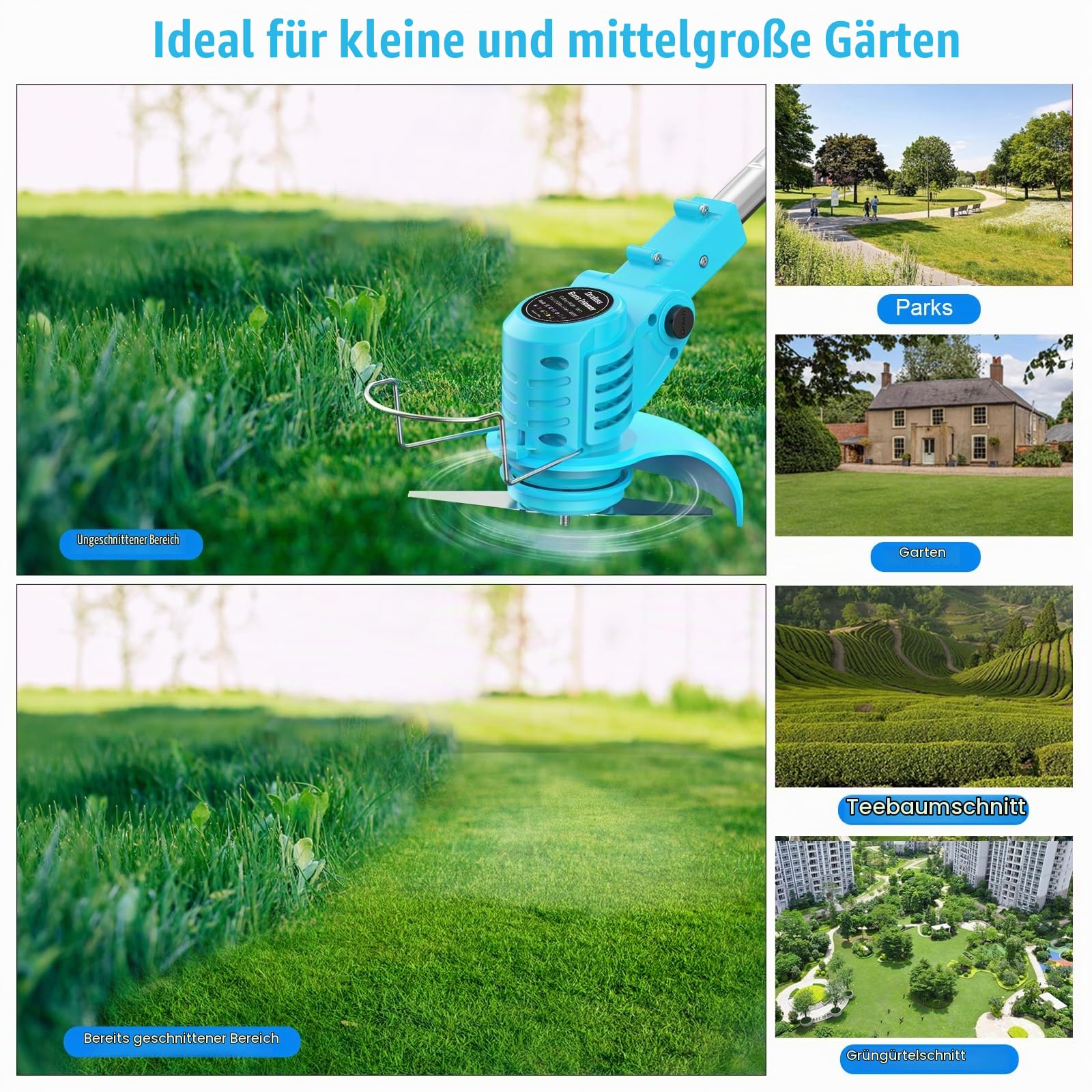 Rasentrimmer mit Akku 21V, KUZUPRO Akku Freischneider mit 2 Akkus 2.0Ah, 2 Arten von Metal Klingen Akku Rasentrimmer, Gartenschere, Verstellbarer Griff für Rasen Garten Beschneiden, Blau