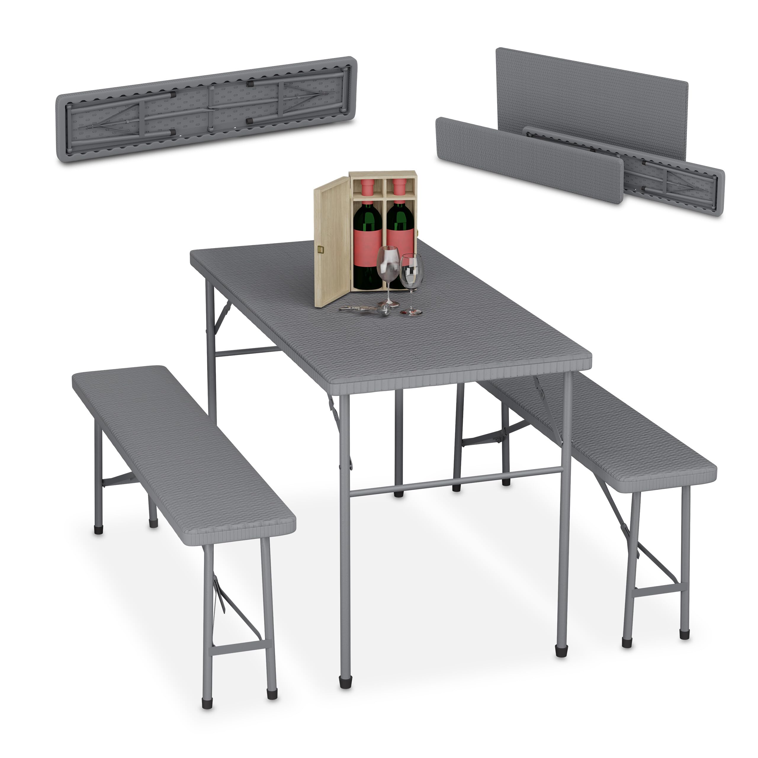 Table pliante et 2 bancs 120 cm gris aspect rotin Relaxdays