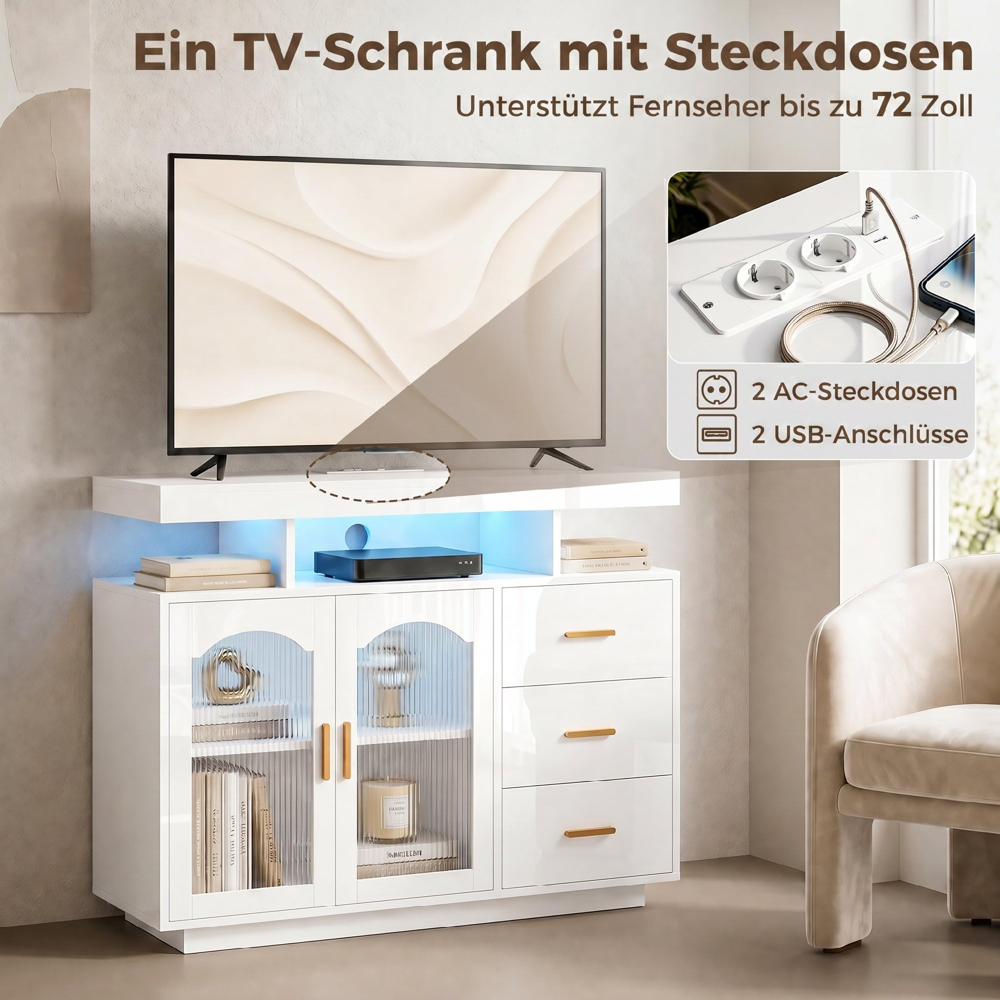 HOMCOM Küchenschrank mit LED, Steckdosen 100x35x80 cm Hochglanz Weiß | Sideboard, 3 Schubladen, 2 Acryl-Türen, Buffetschrank, Soft-Close-Funktion, für Küche, Esszimmer