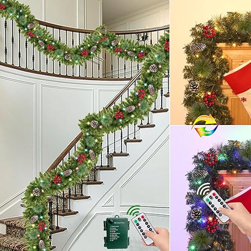 Miniatura 5 de Control remoto  Guirnalda de Navidad preiluminada de 18 pies de largo para exteriores, 100 luces blancas cálidas y coloridas, temporizador, 8 modos