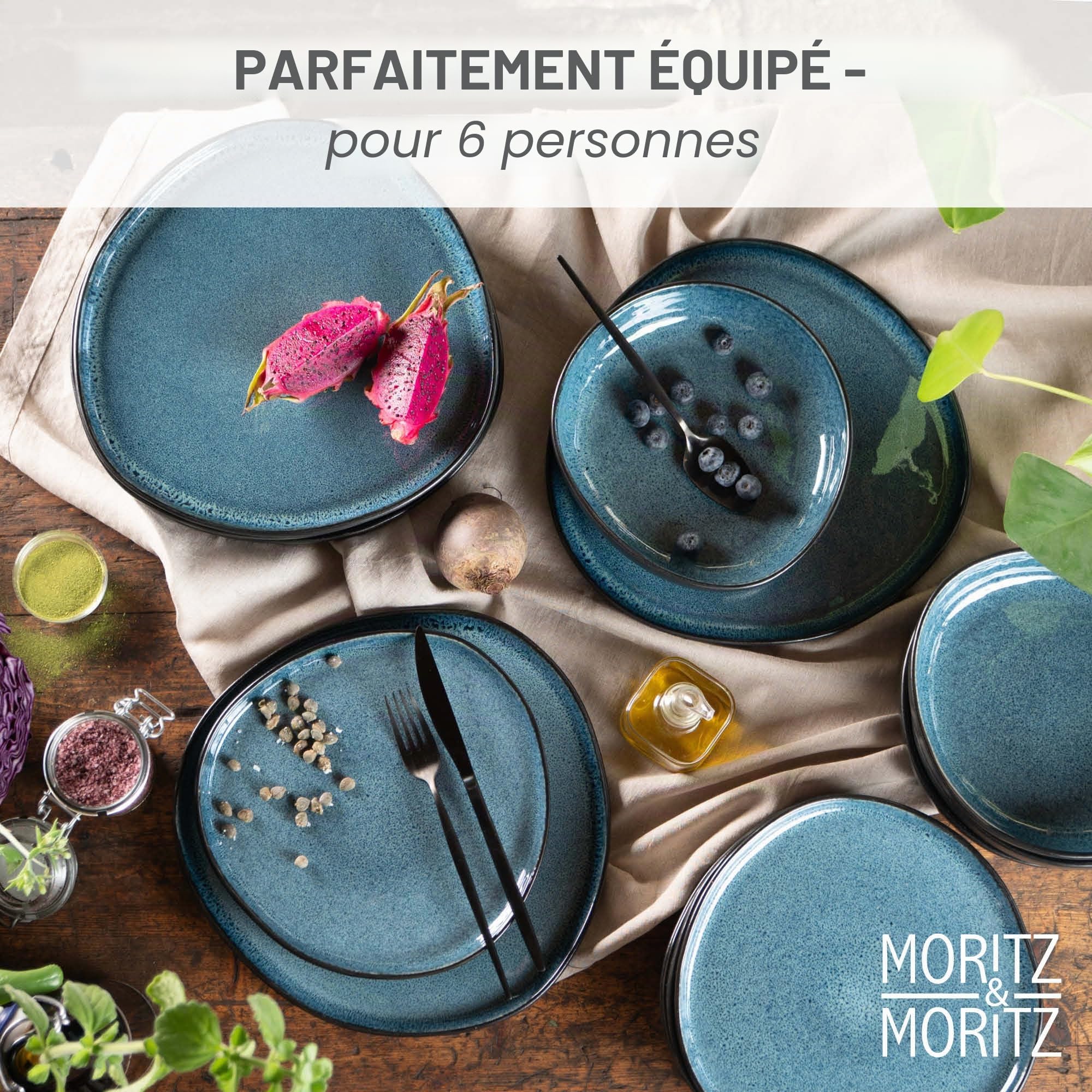 Moritz & Moritz ORGANIC Service de vaisselle 18 pièces 6 personnes Bleu - Élégant set de vaisselle en grès de haute qualité - Service de vaisselle 6 personnes avec 6 assiettes à dîner, 6 assiettes à