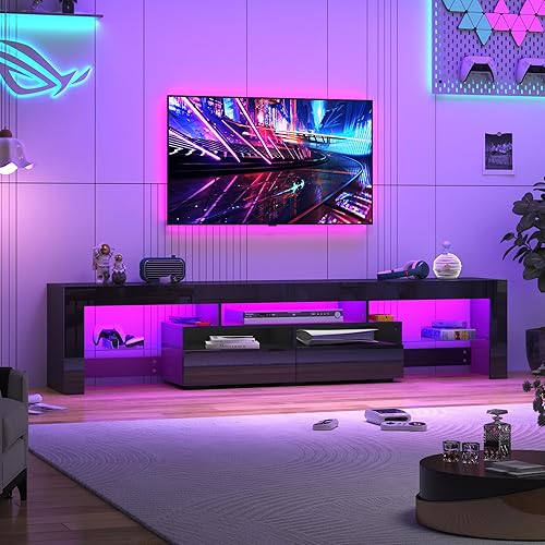 Miniatura 8 de Soporte de TV de 70 pulgadas para TV de 7580 pulgadas, moderno soporte de TV LED para sala de estar, soporte de TV negro, centro de entretenimiento