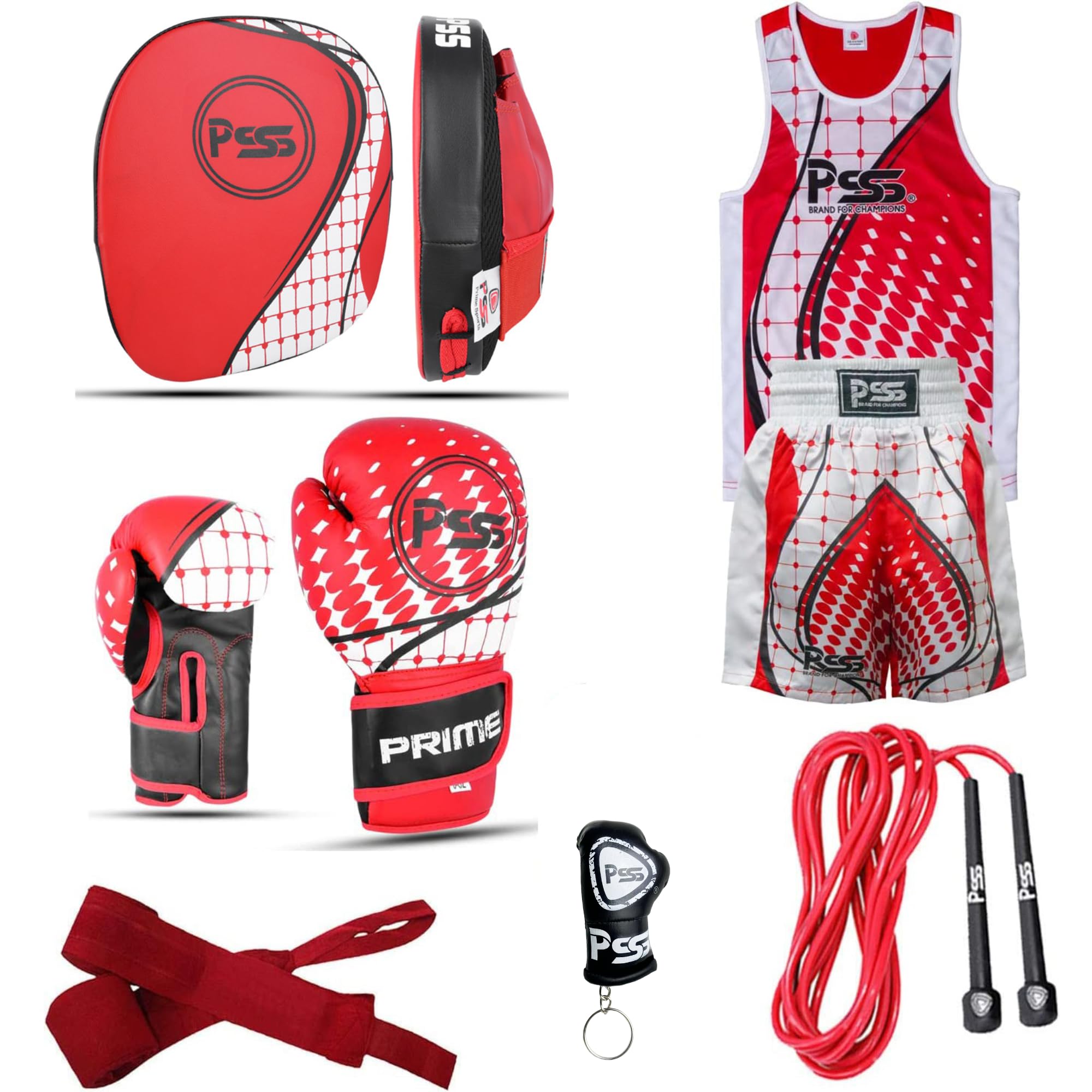 Kids boxing 6 PCS Red set uniform top & short 1022 boxing gloves 1113 focus pad rope wrap key ring Professional Training accessories kit for MMA Muay thai kickboxing - 6OZ (1113 Red, 5-6 Year)