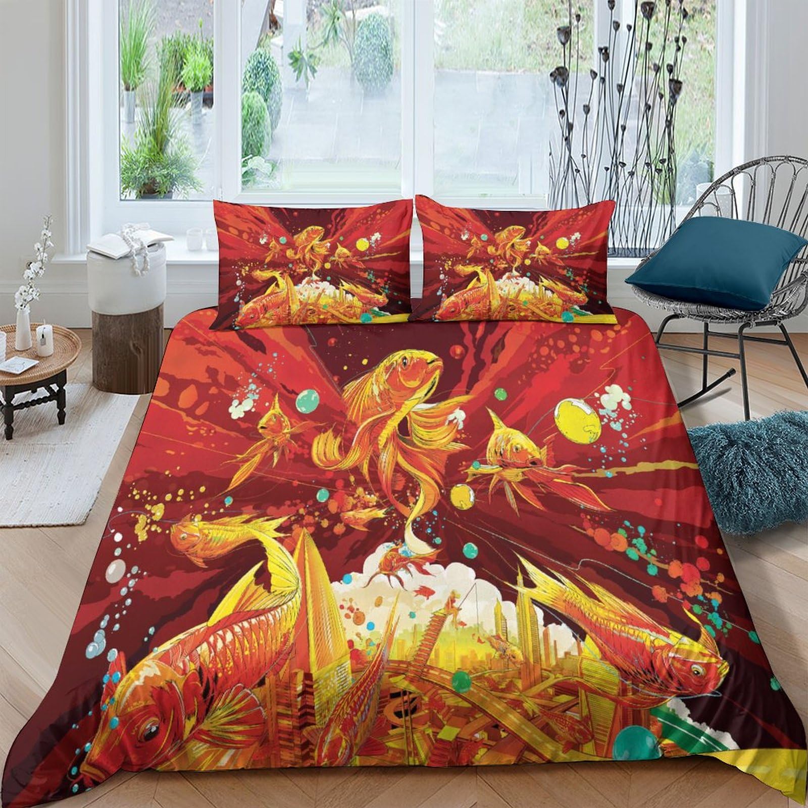 Housse de couette carpe koi en microfibre ultra douce, parure de lit 220x240 haut de gamme