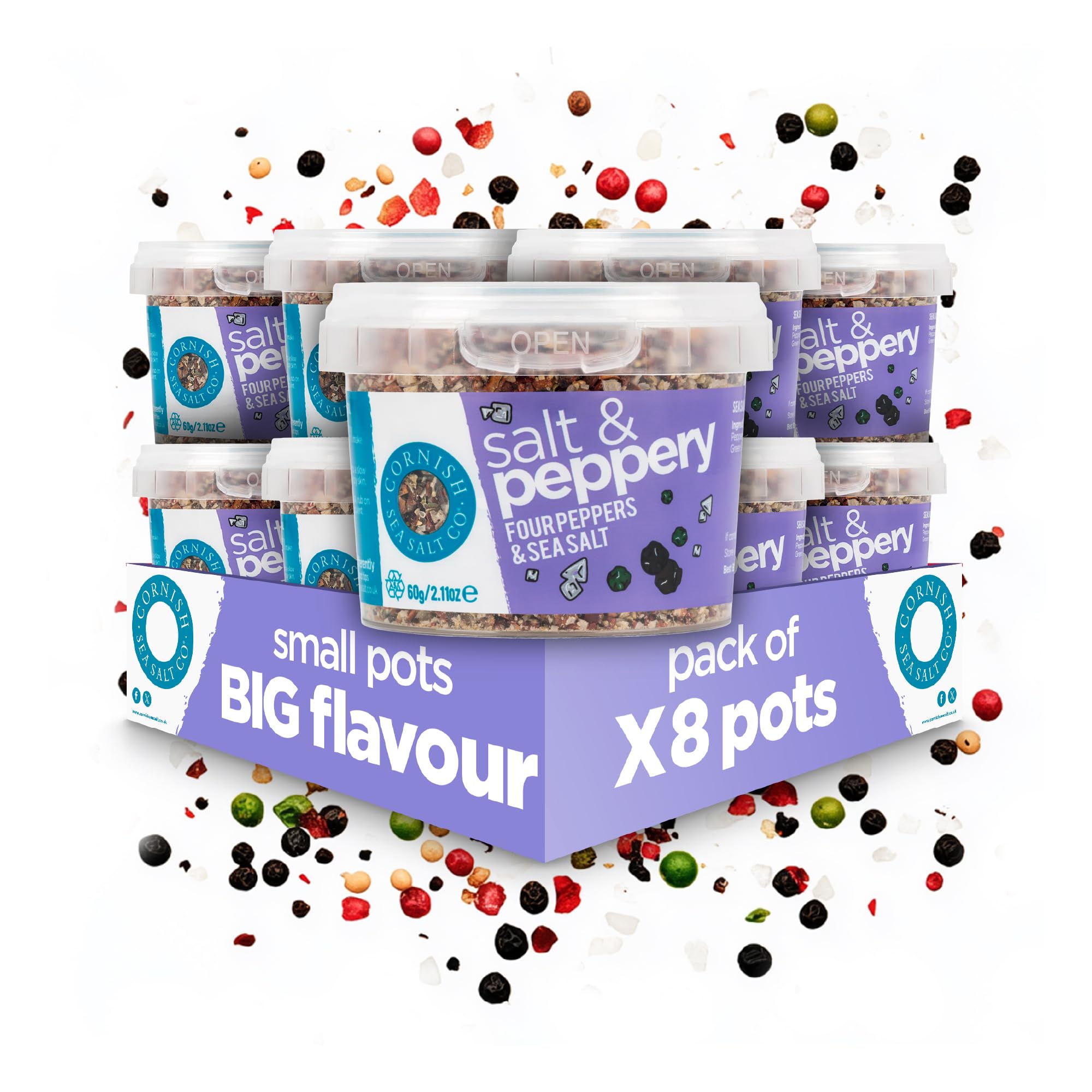Cornish Sea Salt - Salt and Peppery - Rich in Minerals, Hand Harvested in Celtic Waters, Michelin Starred Chef Approved - Spices for Cooking, Kitchen Accessories - 8 x 60g