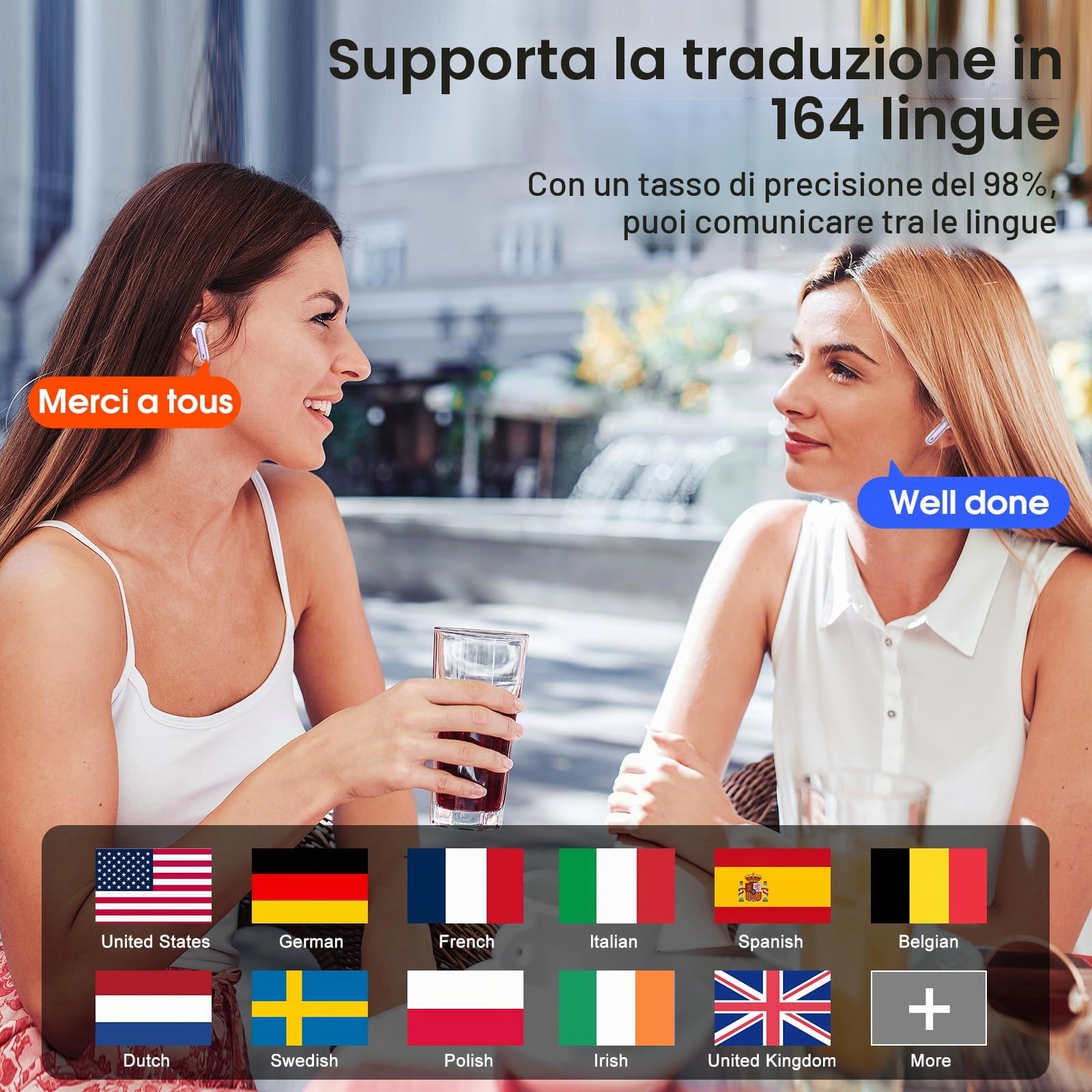 AI Cuffie Traduzione, 3-in-1 Bluetooth 5.3 Traduttore Istantaneo Vocale con Chiamate Audio e Video, 164 Lingue, 6 Modalità di Traduzione, 48 Ore Cuffie Bluetooth con ENC e APP per Viaggi/Affari/Studio