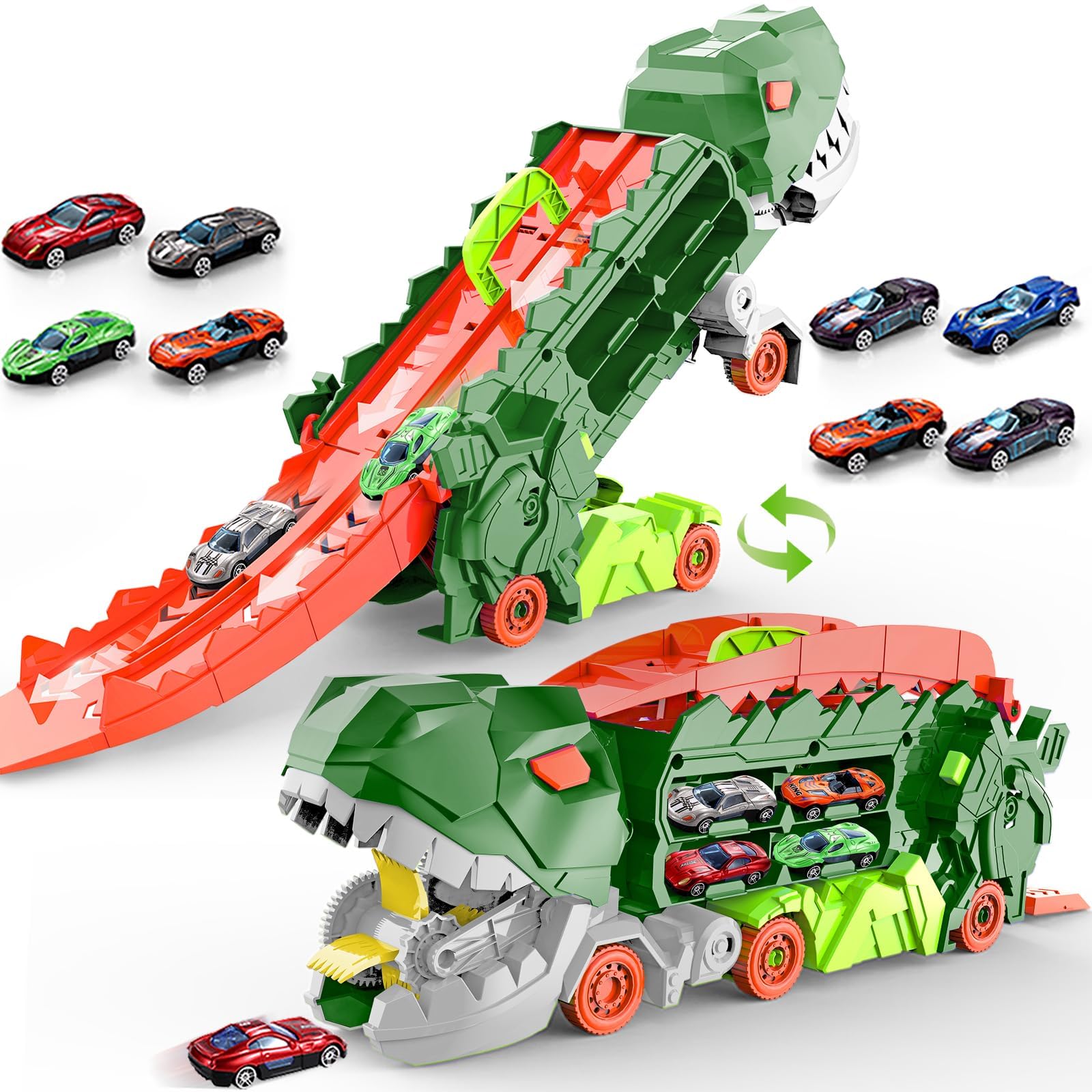 Dufuntotoys City Dinosaur Ultimate Hauler Track Toy for Boys, Transforms into Stomping Dinosaur with Race Track Ultimate Transporter Hauler Toddler Toys Gifts for Kids Birthday (4 Cars)