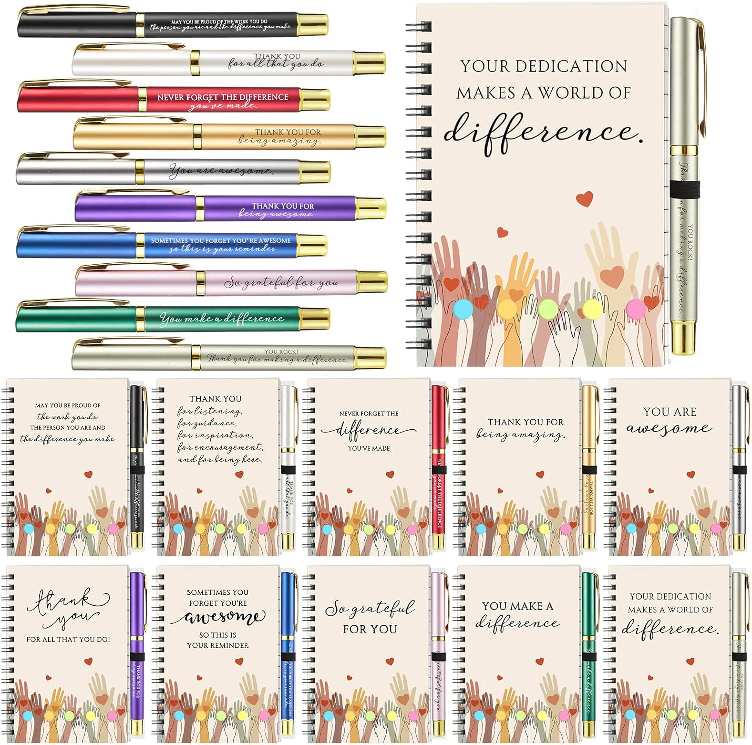 Motipuns 20 Set Volunteer Appreciation Gift Bulk 10 Styles Notebooks with 10 Colors Pens Thank You Notepads for Volunteer Employee Coworker Teacher Team Staff Office (Classic Styles)