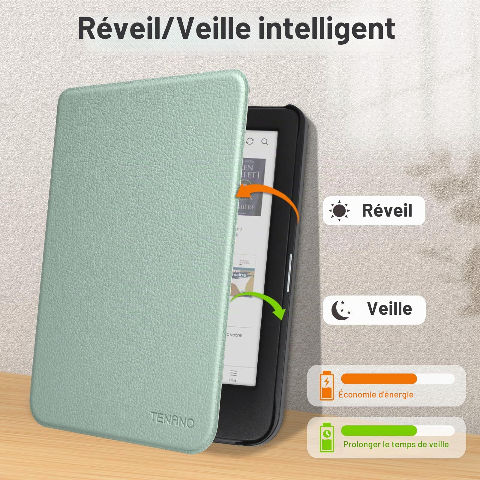 Tenano Étui en Tissu pour Kobo Clara Colour/BW/2E, Tolino Shine Colour/Shine 5/4, Housse de Protection avec Fonction Veille/Réveil Automatique, Agave Noir