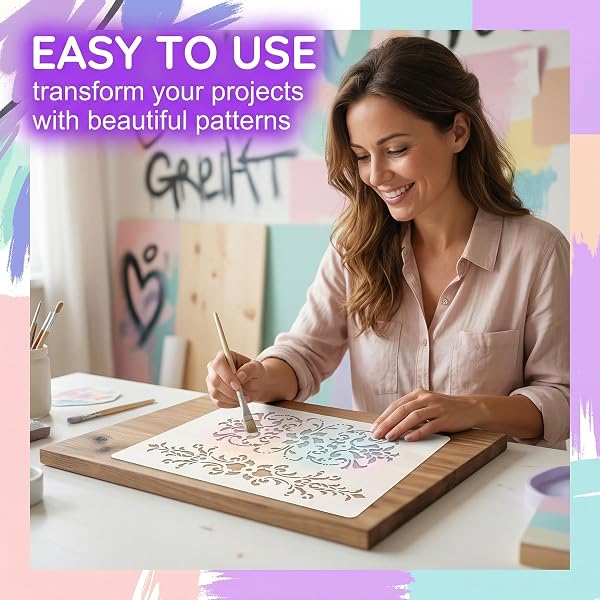 URYVAIW Stencil Ornamenti, Set da 6, Stencil Riutilizzabili in PET, per Mobili, Pareti & DIY, Motivi di Fiori & Angoli, 16x24cm & 12x18cm - 2