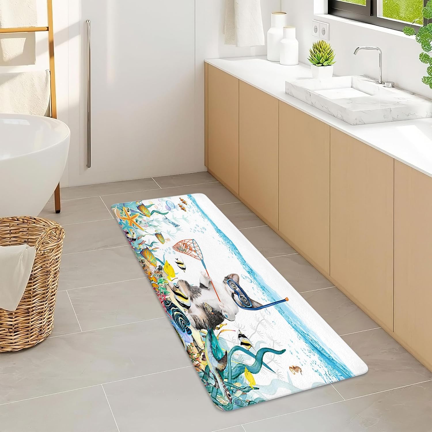 Funny Cat Bathroom Rugs, Ocean Sea Animal Bath Rugs, Teal Blue Sea Ocean Bath Mat with Animal Octopus Starfish Turtle Bathroom Rugs, Tropical Fish Coral Underwater Bath Mats, 17x48Inch, Blue