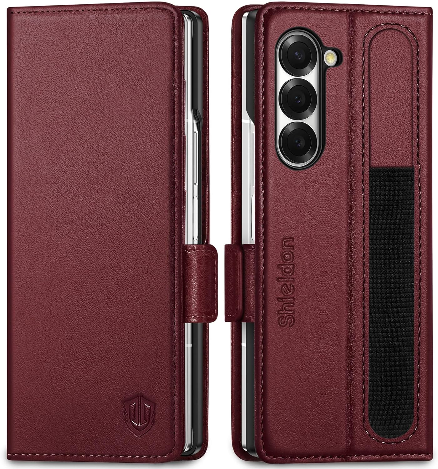 SHIELDON Case for Galaxy Z Fold 6 2024, Genuine Leather Wallet with S Pen Holder, Kickstand, RFID Blocking Credit Card Holder Magnetic Shockproof Case Compatible with Galaxy Z Fold6 7.6" - Wine Red