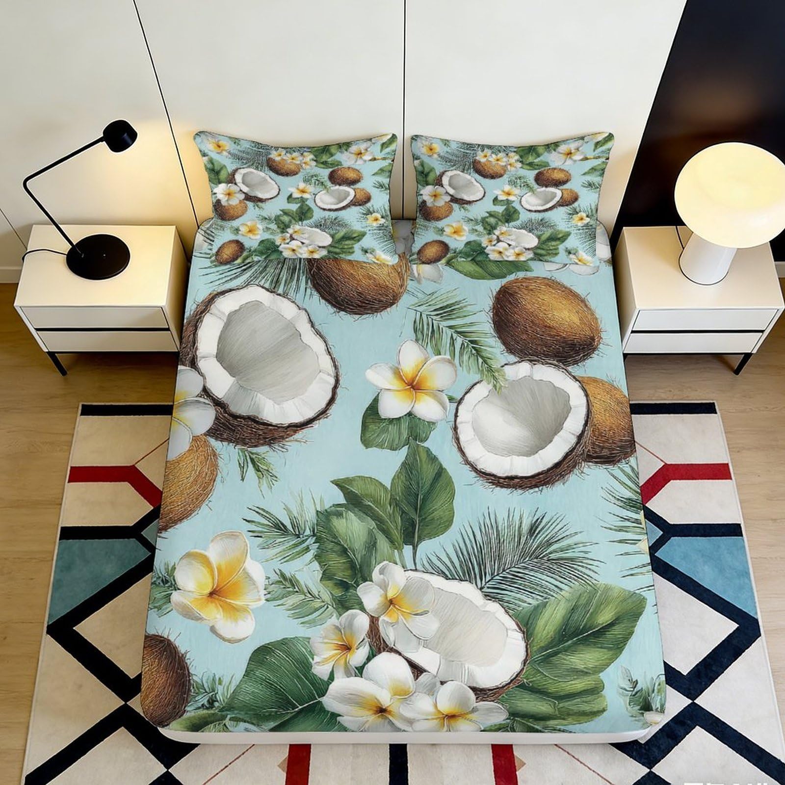 3D Printed Coconut Tropical Fitted Sheet Microfiber Soft Floral Mattress Cover for Bedroom Guest Room Dustproof Decor 90x200x25cm