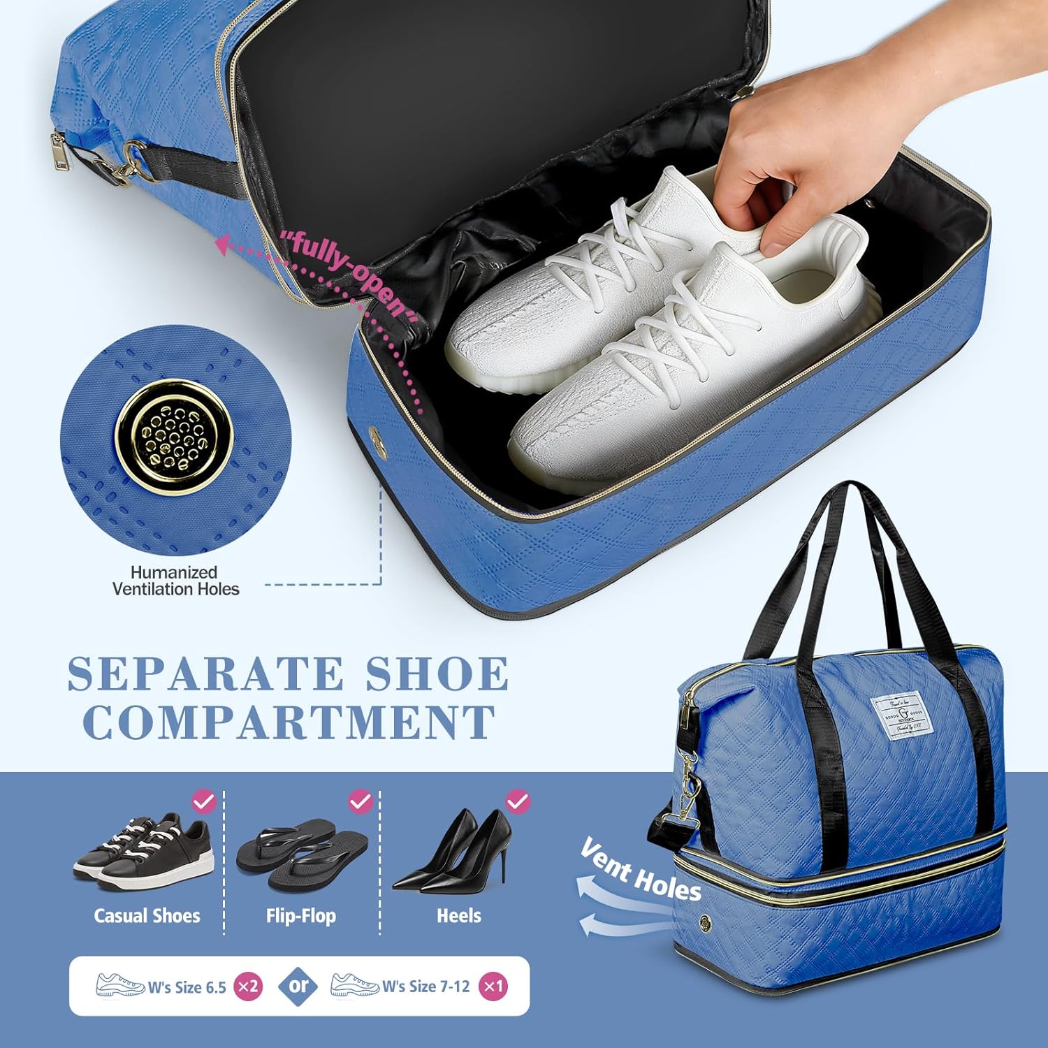 Geestock Weekender Bags for Women with Shoe Compartment Carry On Duffle Bag with Trolley Sleeve for Travel, Gym Overnight Bag Hospital Bags for Labor and Delivery, Included Storage Pouch, Blue - Image 3